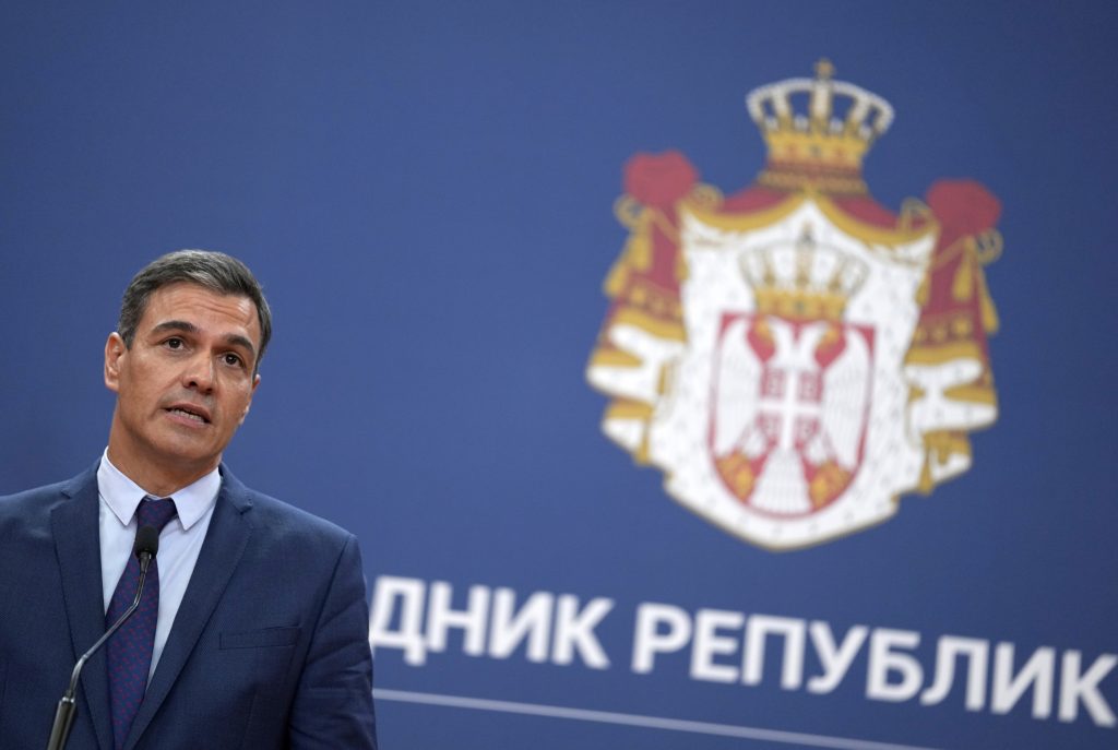 Spanish Prime Minister Pedro Sanchez speaks during a press conference after official talks with Serbian President Aleksandar Vucic, in Belgrade, Serbia, Friday, July 29, 2022. Sanchez is on a two-day official visit to Serbia. (AP Photo/Darko Vojinovic)