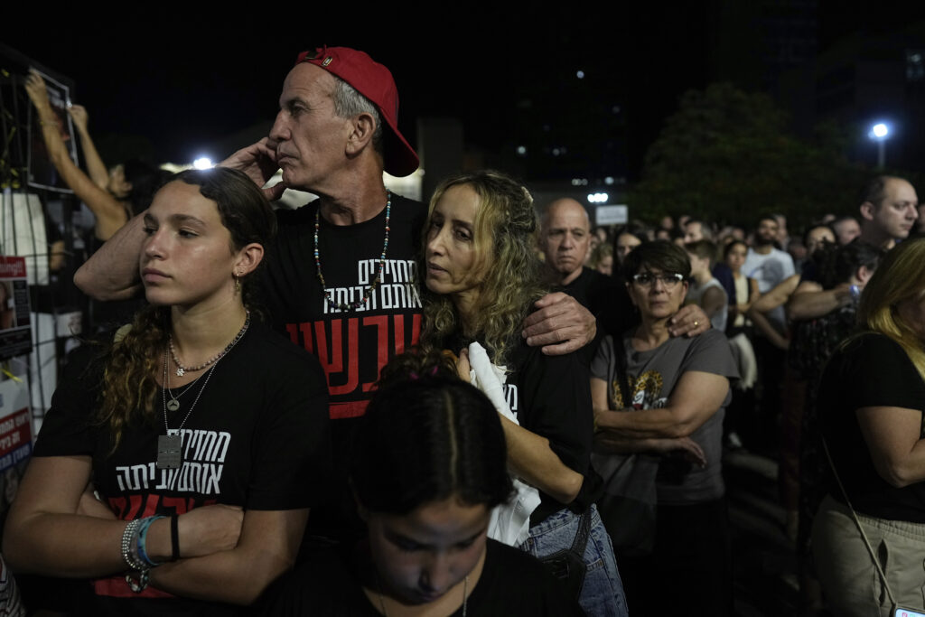 People attend a rally calling for the return of the hostages kidnapped during the Oct. 7 Hamas cross-border attack in Israel, in Tel Aviv, Israel, Saturday, Nov. 11, 2023. (AP Photo/Ohad Zwigenberg)