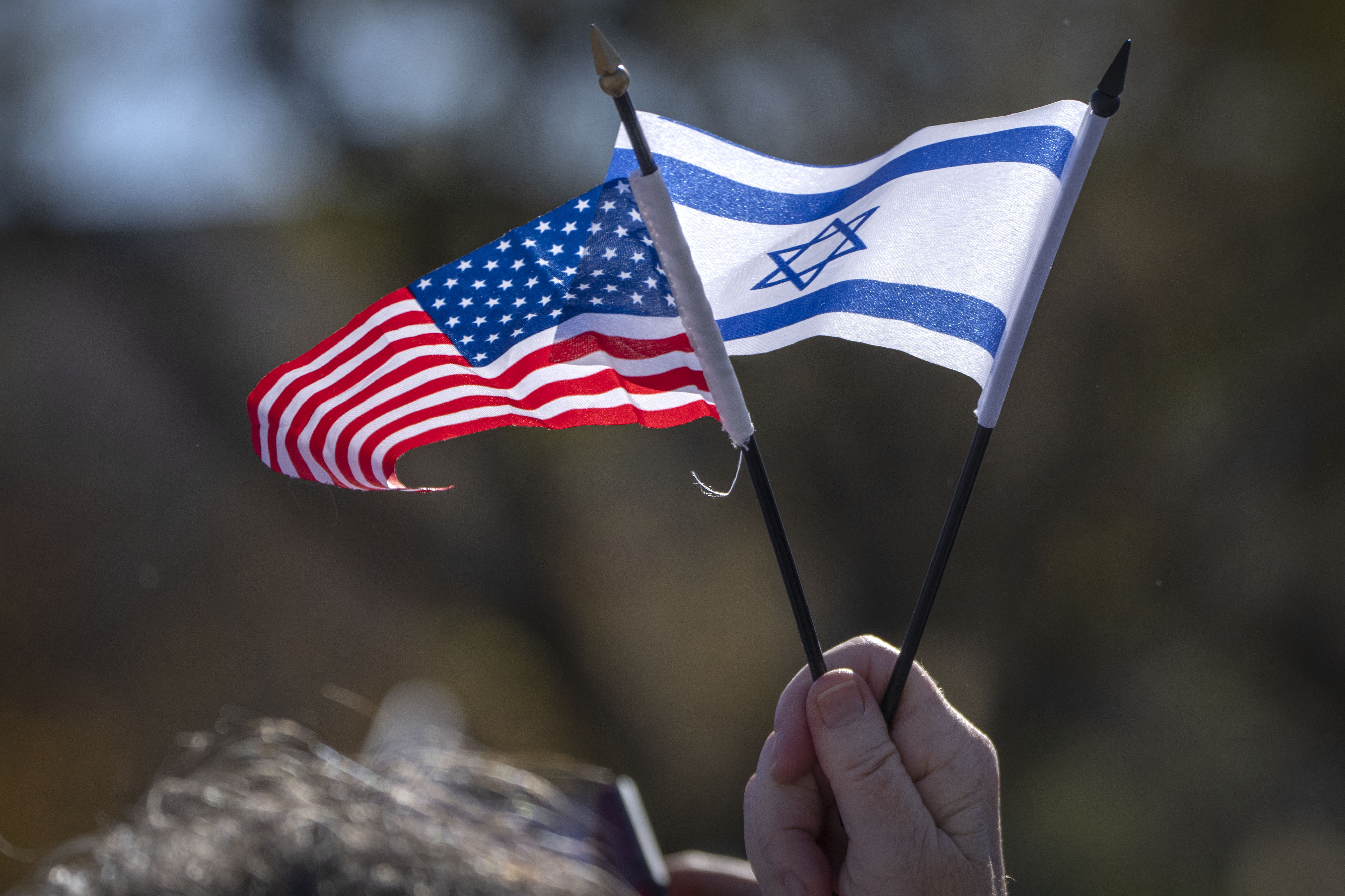 A participant holds miniature U.S. and Israeli flags as they stand on the National Mall at the March for Israel on Tuesday, Nov. 14, 2023, in Washington. (AP Photo/Mark Schiefelbein)