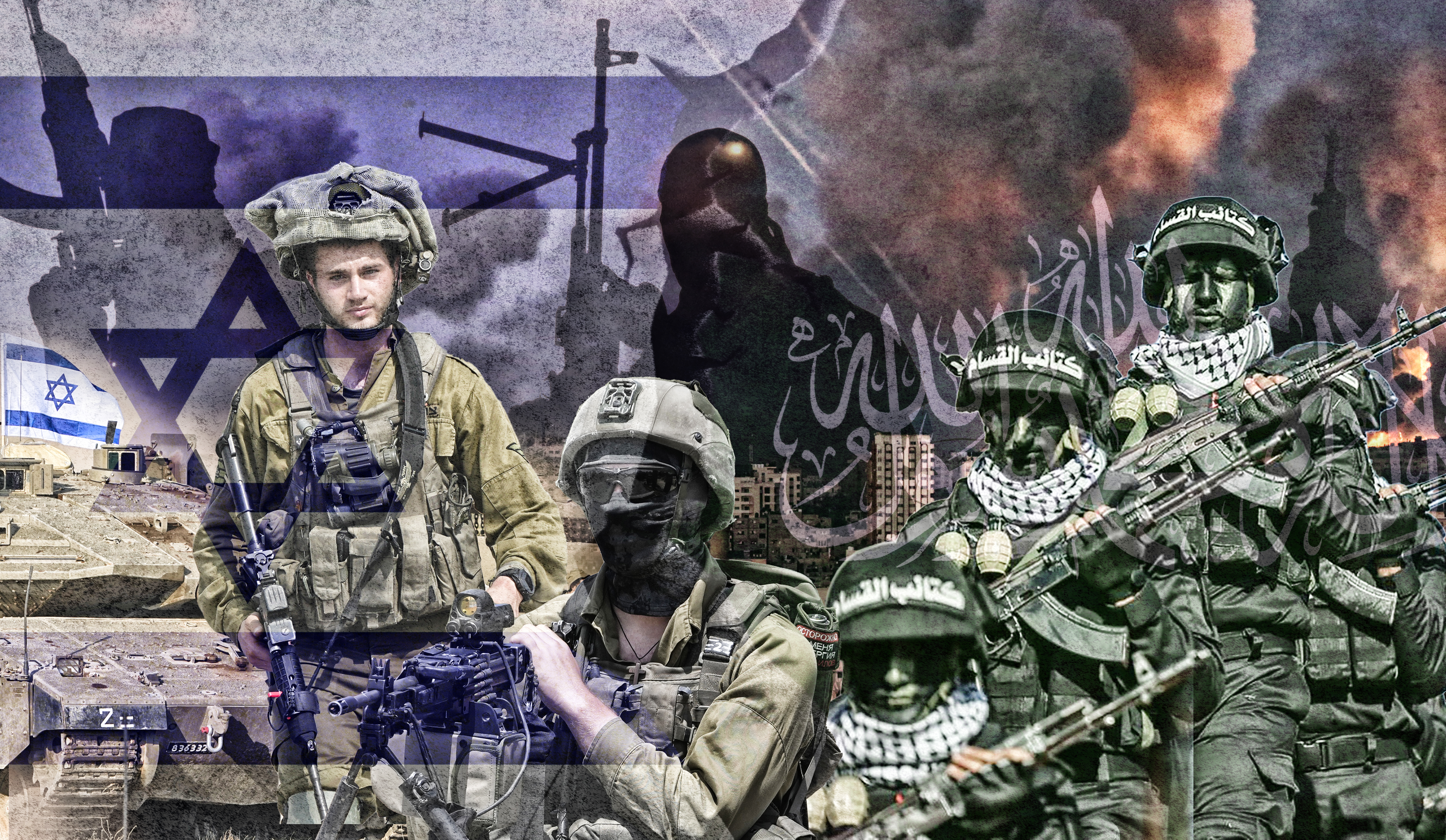 Israel and Hamas flags together. Palestine military and Israel relation, conflict concept. Israel vs Hamas