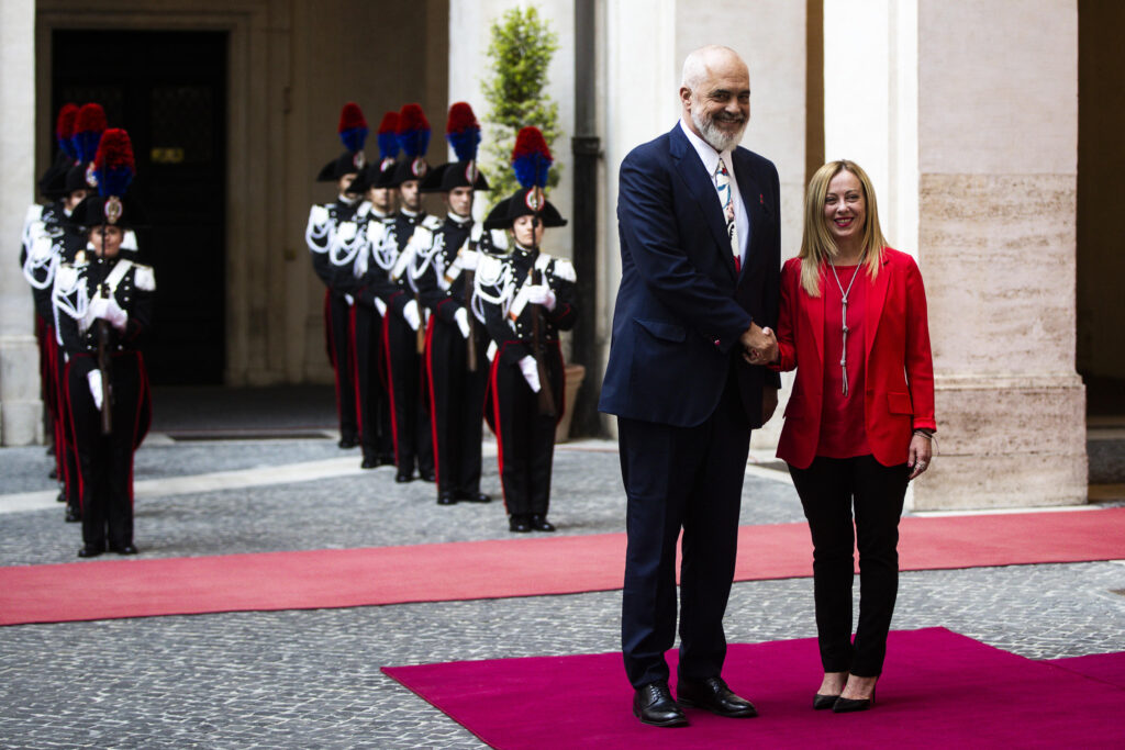 epa10886117 Italian Prime Minister Giorgia Meloni (R) welcomes Albanian Prime Minister Edi Rama ahead of a meeting at Chigi Palace in Rome, Italy, 27 September 2023. Rama is in Italy on an official visit.  EPA-EFE/ANGELO CARCONI