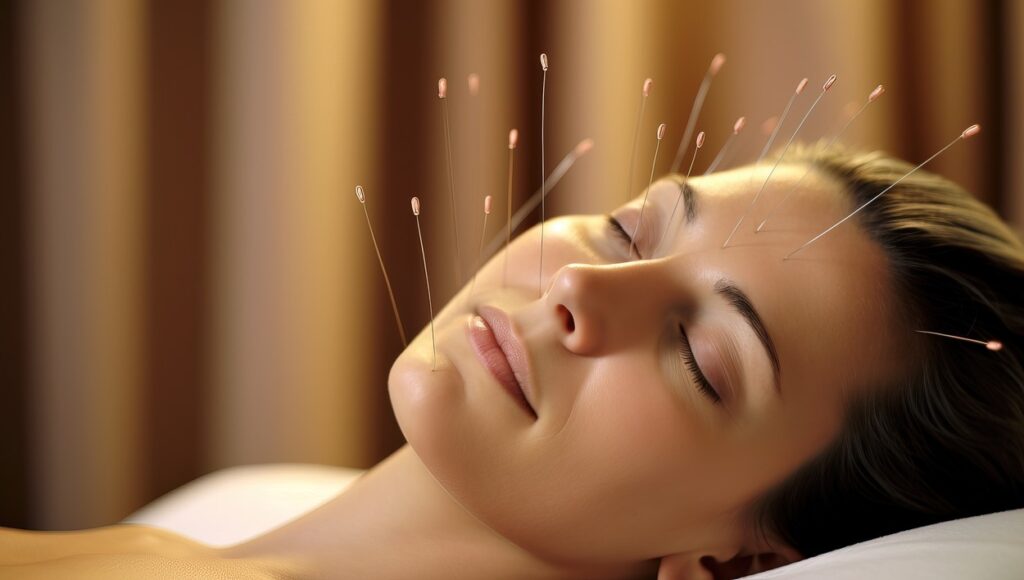 woman at the massage table with acupuncture needles on her face.,Image: 818231737, License: Royalty-free, Restrictions: , Model Release: no, Credit line: Ailike Creative / Panthermedia / Profimedia