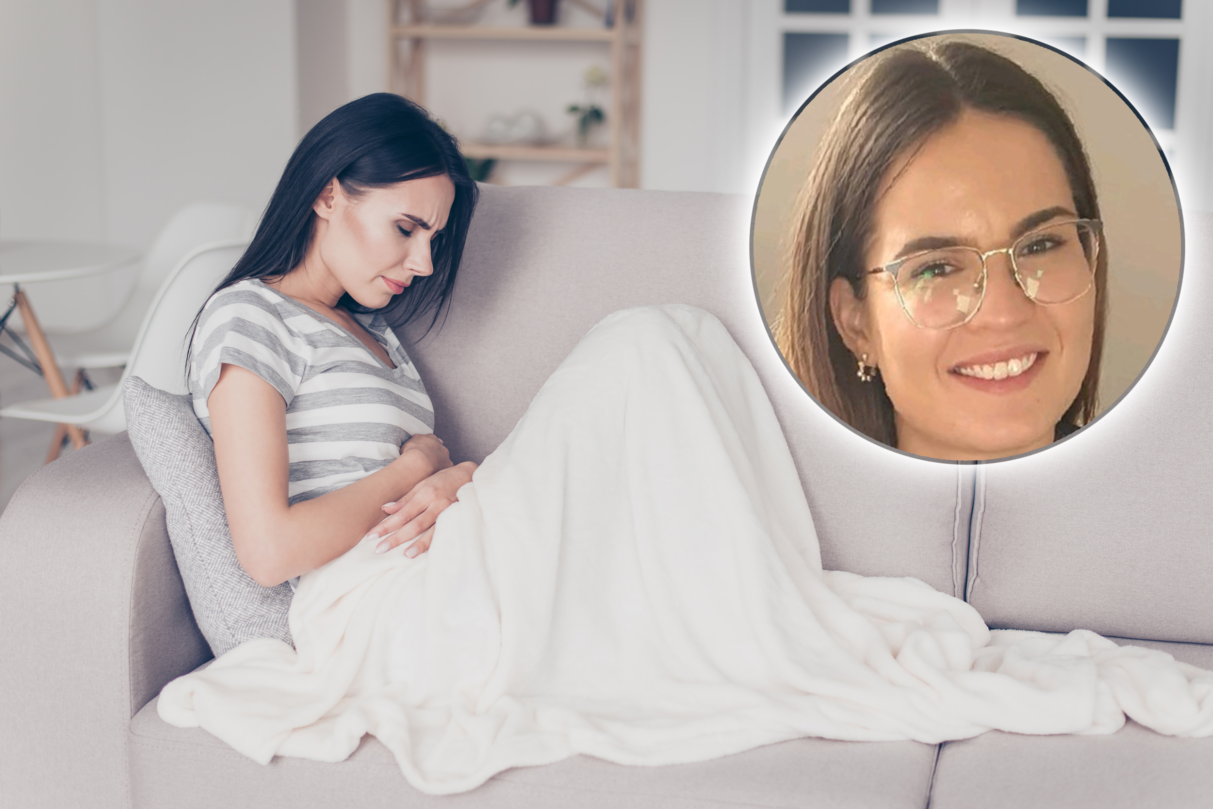 sad beautiful woman sitting couch and feel spasm and symptoms of pms while touch belly with coverlet Tamara Šura stomačni virus