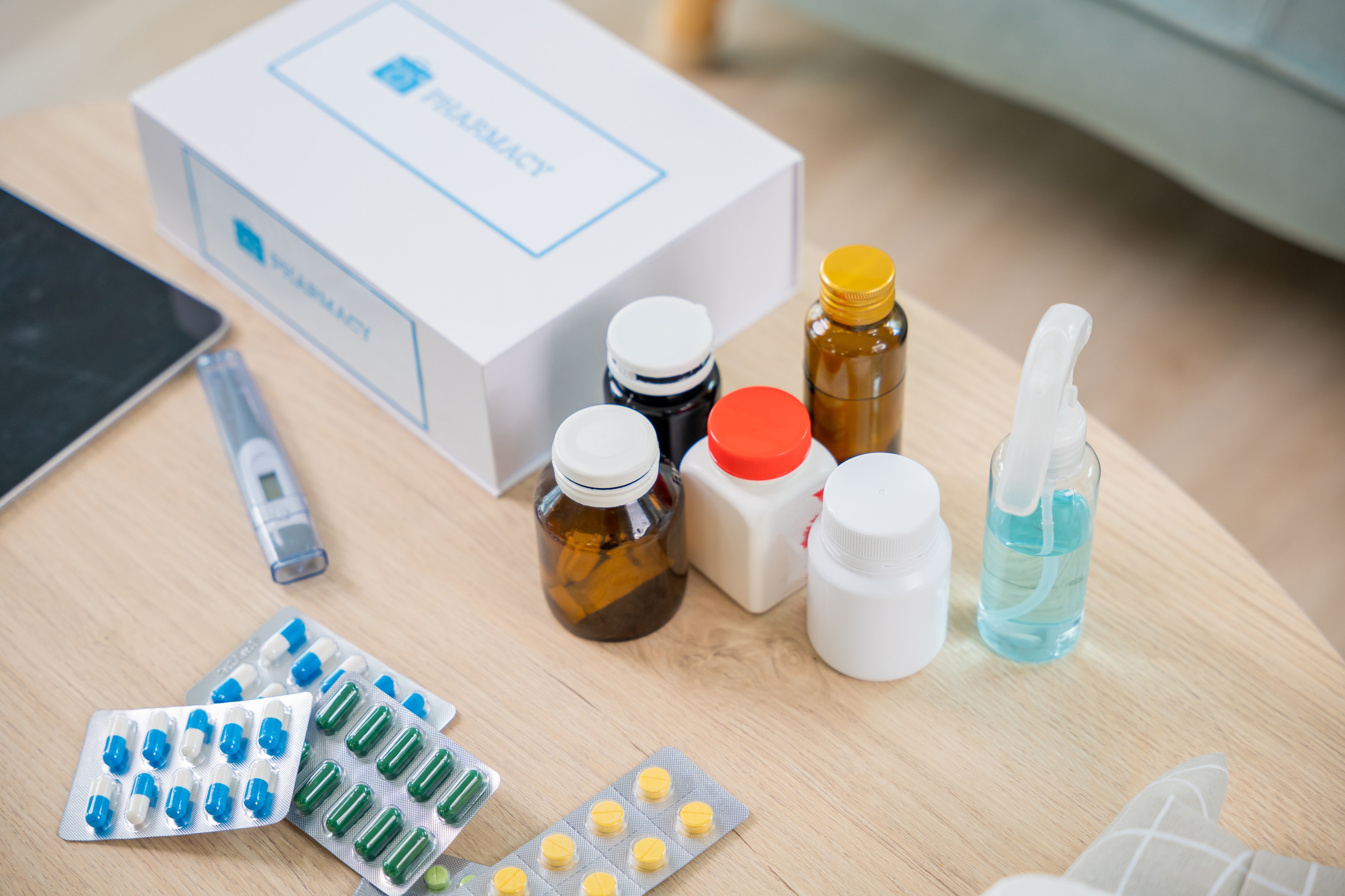 Home medicine with medicine package box free first aid kit with pills from pharmacy hospital delivery service