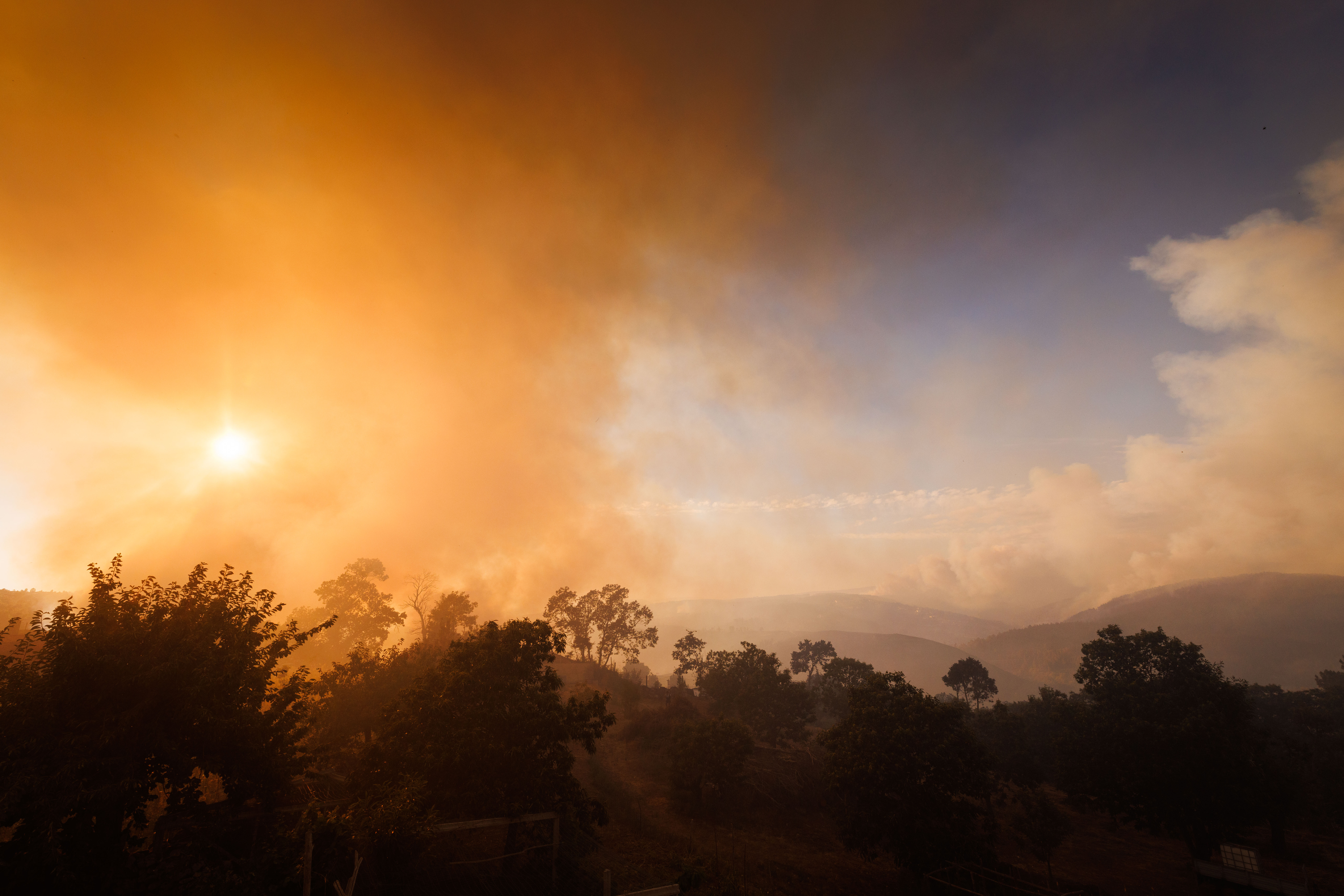 epa10096119 A forest fire in Reboredo village, Vila Pouca de Aguiar, Portugal, 28 July 2022. A total of 466 operational, 144 vehicles and six airplane are fighting the forest fire.  EPA-EFE/PEDRO SARMENTO COSTA