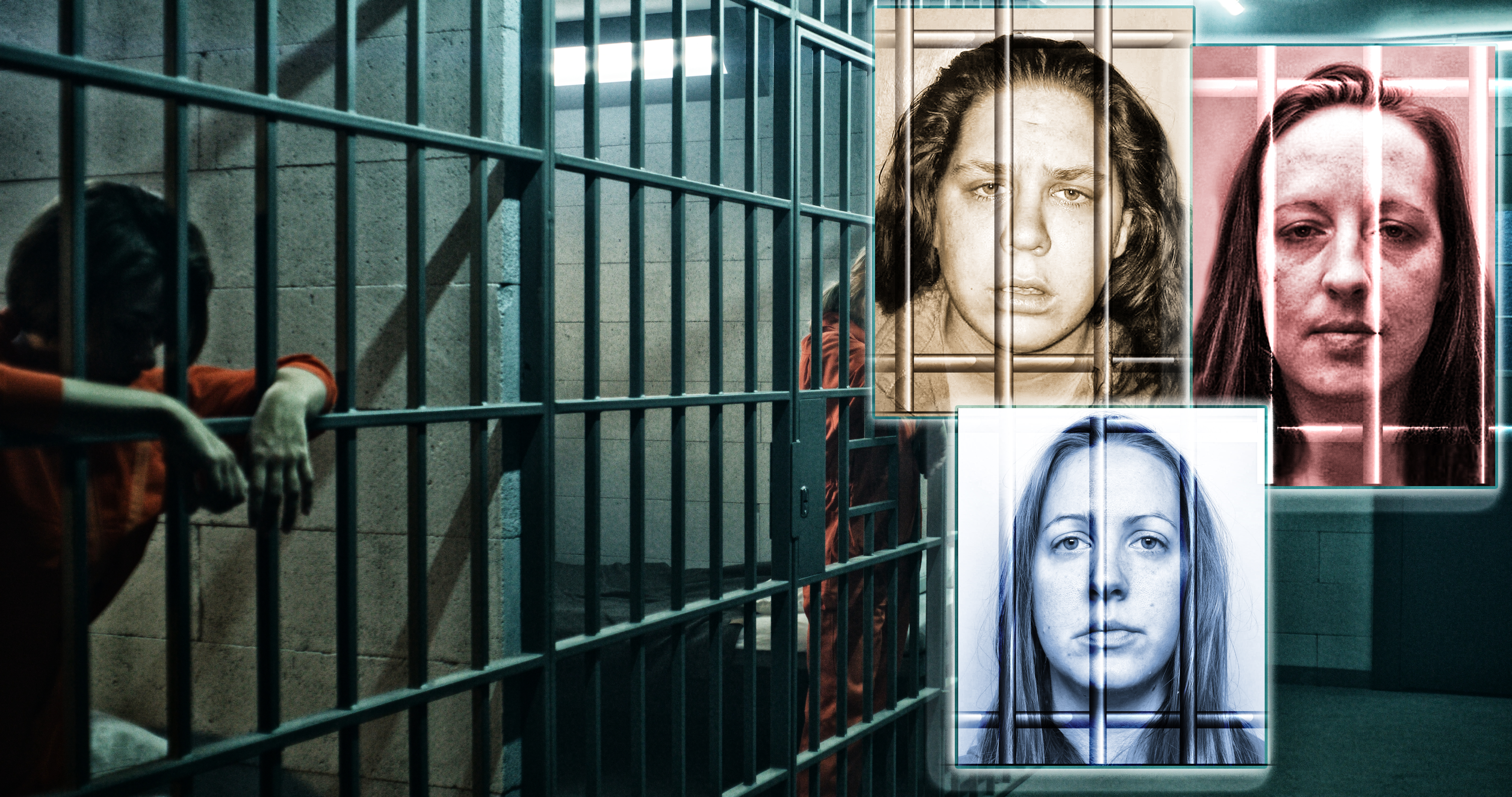 One female prisoner in orange uniform stands behind metal bars, another sits on the bed in prison cell. Women serve imprisonment terms for crimes in jail. Depressed inmates in detention center.