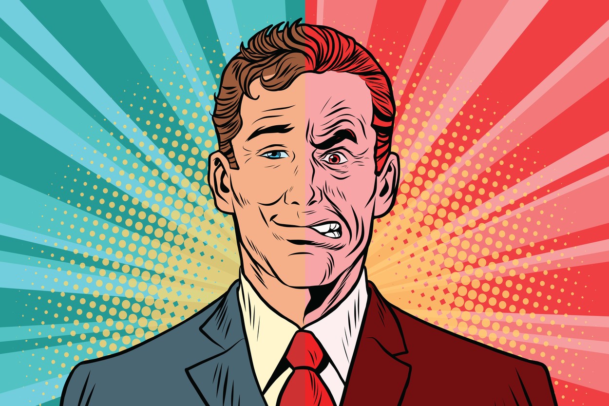 Bad good man. Human emotions. Vintage comics cartoons illustration pop art retro vector,Image: 335552538, License: Royalty-free, Restrictions: , Model Release: no, Credit line: Igor Sapozhkov / Panthermedia / Profimedia