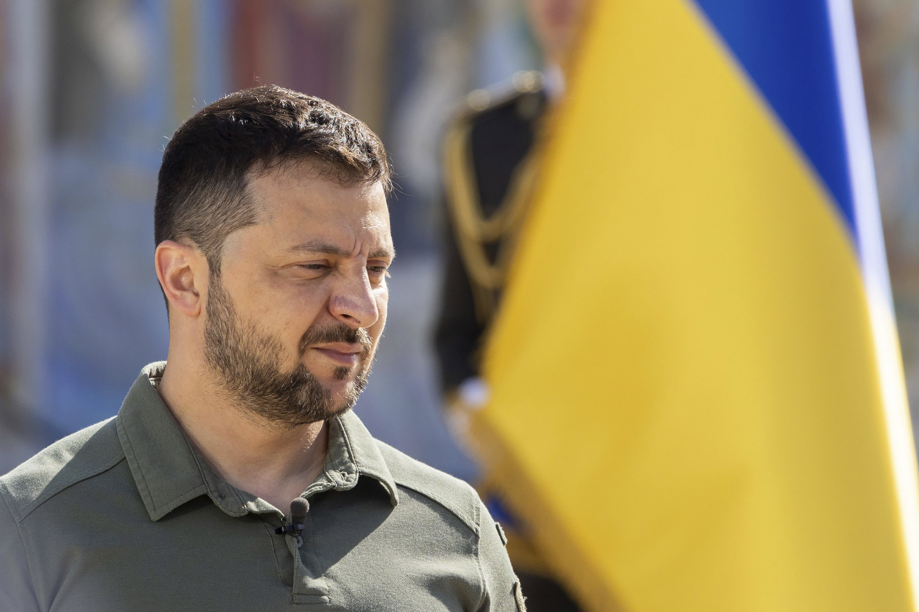 In this photo provided by the Ukrainian Presidential Press Office, Ukrainian President Volodymyr Zelenskyy attends an event for marking Statehood Day in Mykhailivska Square in Kyiv, Friday, July 28, 2023. (Ukrainian Presidential Press Office via AP)
