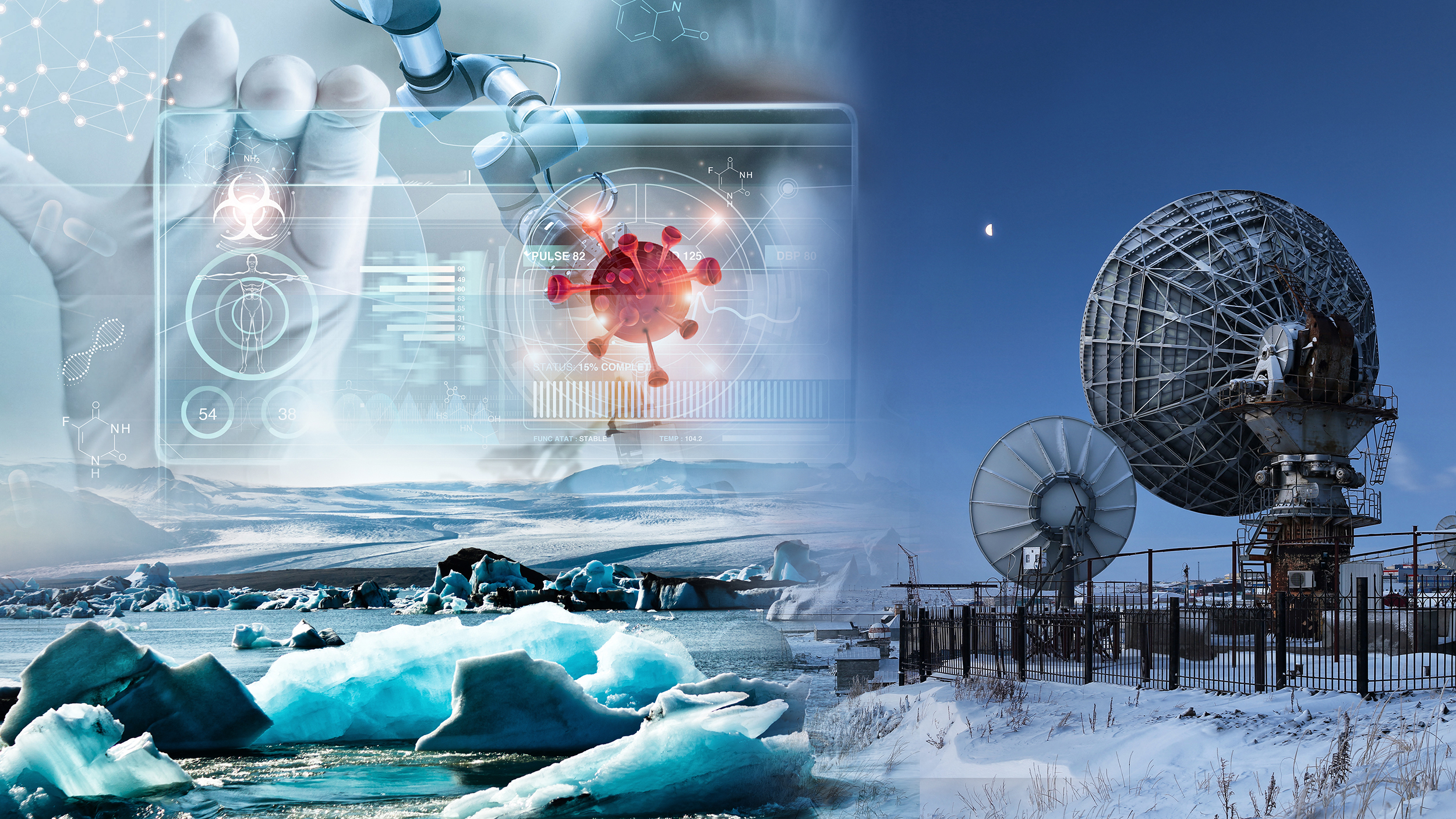 Winter panorama with large satellite dishes. Telecommunications in the Arctic. Industrial landscape with antennas. Morning twilight. Location place: Anadyr, Chukotka, Siberia, Far East of Russia. virus arktik