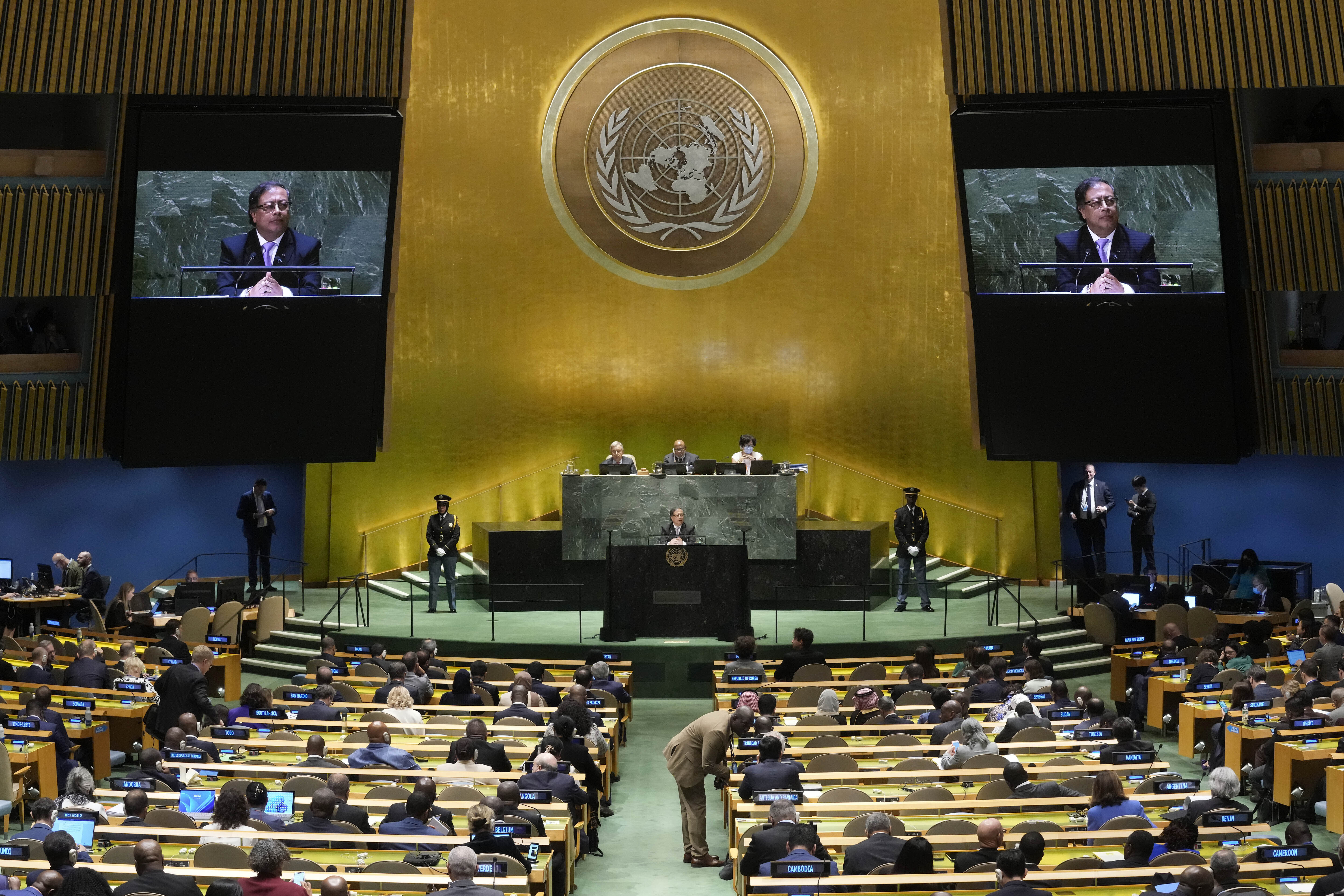Colombia's President Gustavo Petro addresses the 78th session of the United Nations General Assembly, Tuesday, Sept. 19, 2023. (AP Photo/Richard Drew)