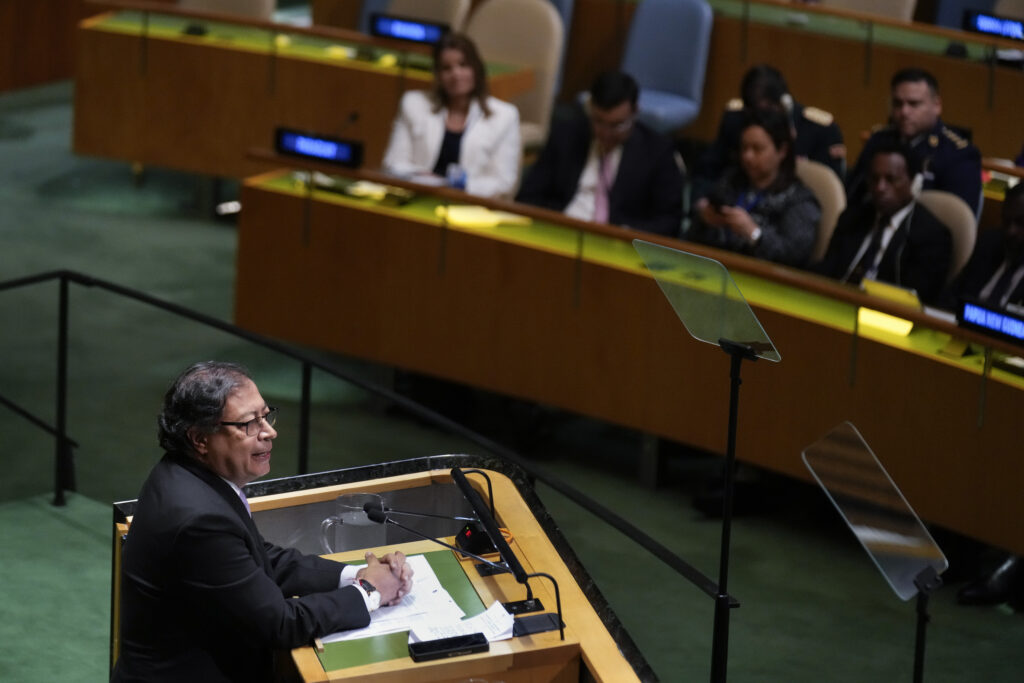 Gustavo Petro, president of Colombia, addresses the 78th session of the United Nations General Assembly at United Nations headquarters, Tuesday, Sept. 19, 2023. (AP Photo/Seth Wenig)