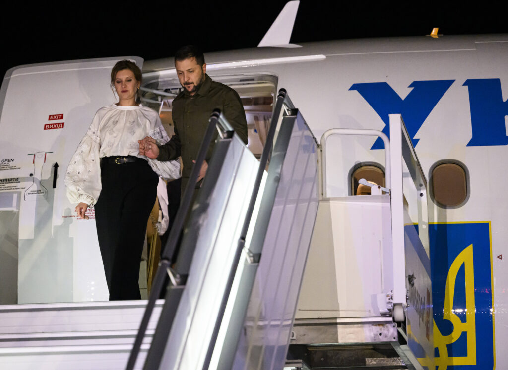Ukrainian President Volodymyr Zelenskyy and his wife Olena Zelenska arrive at Ottawa Macdonald-Cartier International Airport in Ottawa, Ontario, on Thursday, Sept. 21, 2023. (Justin Tang/The Canadian Press via AP)