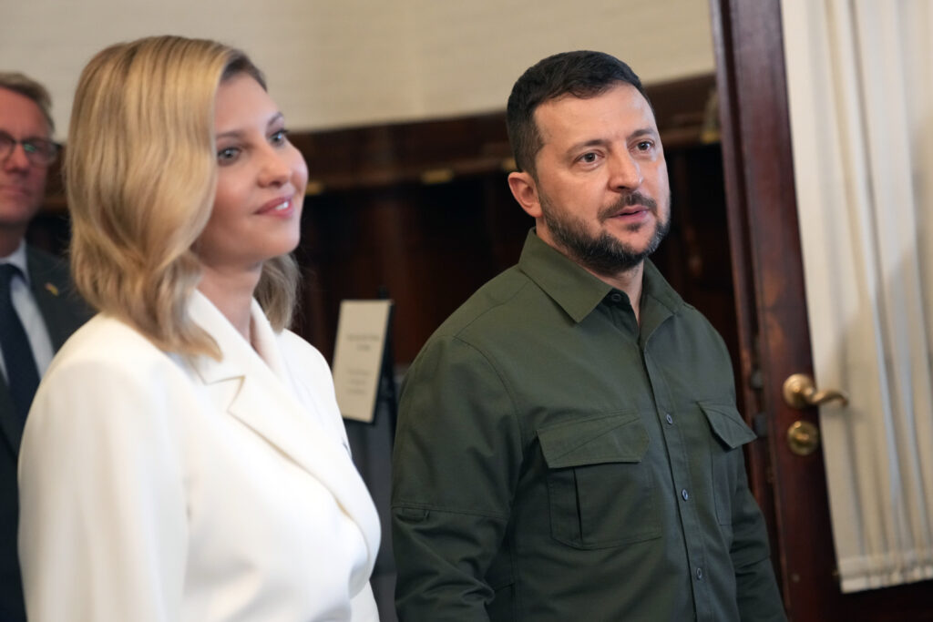 Ukraine's President Volodymyr Zelenskyy and Ukraine's First Lady Olena Zelenska are seen outside the Common Hall at Christiansborg in Copenhagen, Monday Aug. 21, 2023. (Ida Marie Odgaard/Ritzau Scanpix via AP)
