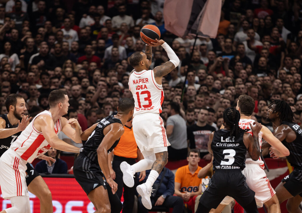 Shabazz Napier, #13 of Crvena Zvezda Meridianbet Belgrade during the 2023/2024 Turkish Airlines EuroLeague match between Crvena Zvezda and Asvel at Stark Arena on October 05, 2023 in Belgrade, Serbia. (Photo by Srdjan Stevanovic/Starsport.rs ©)