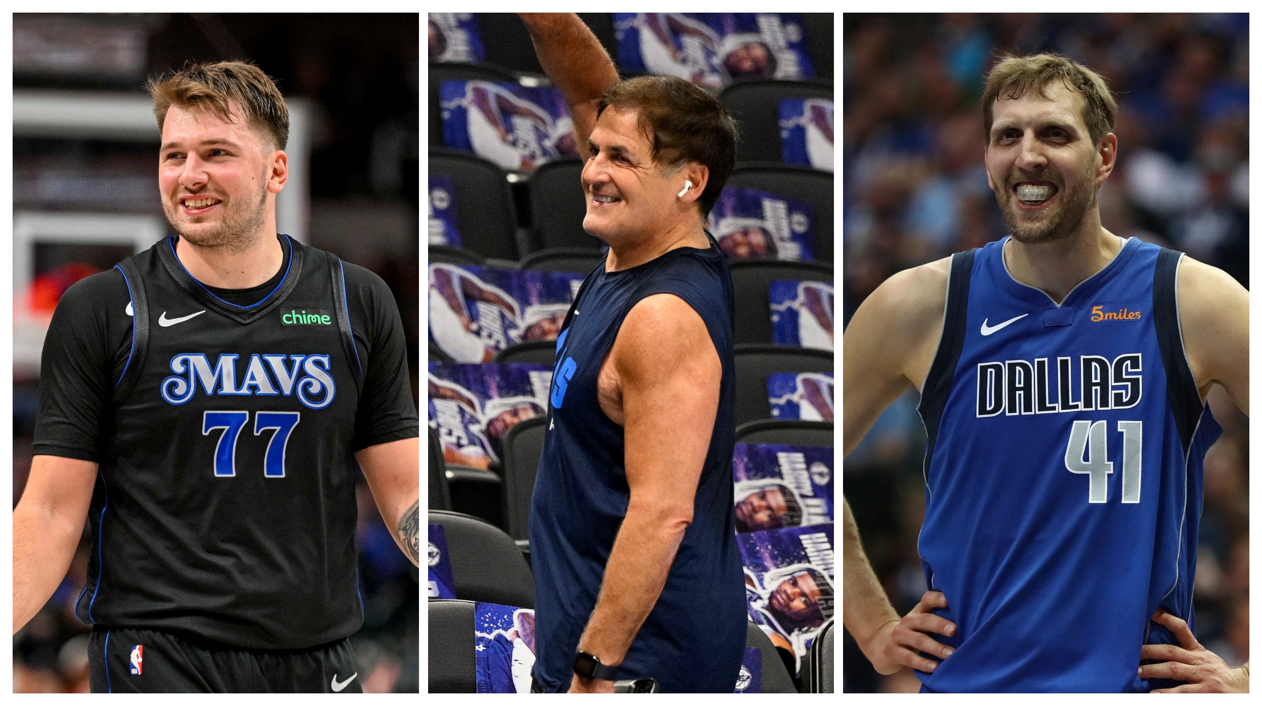 kombo Mark Cuban (vlasnik Dalasa), Luka Dončić u dresu Dalasa i Dirk Novicki u dresu Dalasa.