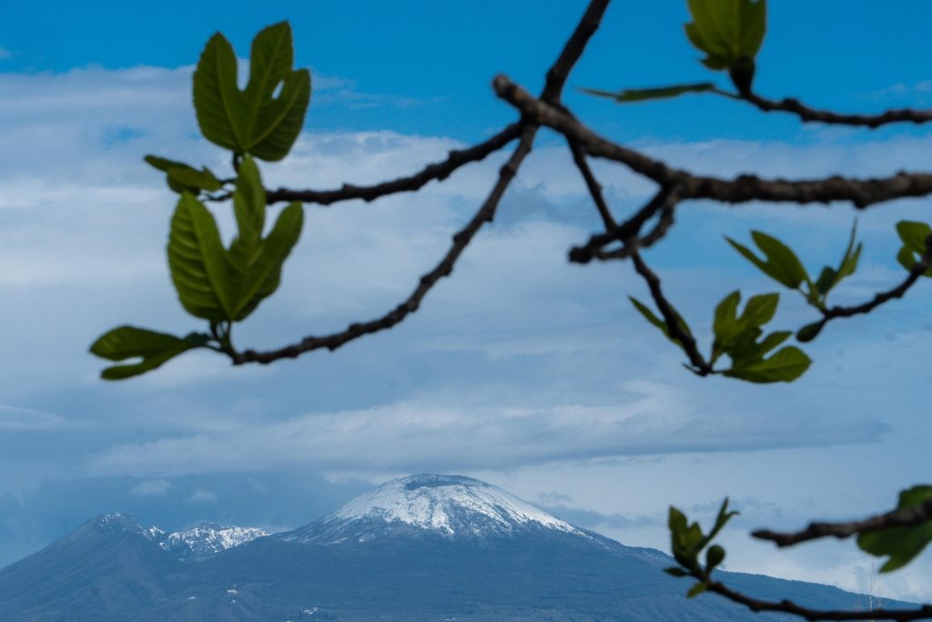 vezuv, italija sneg
epa09865774 The top of Mount Vesuvius is covered in snow, as seen from Naples, Italy, 02 April 2022.  EPA-EFE/CESARE ABBATE