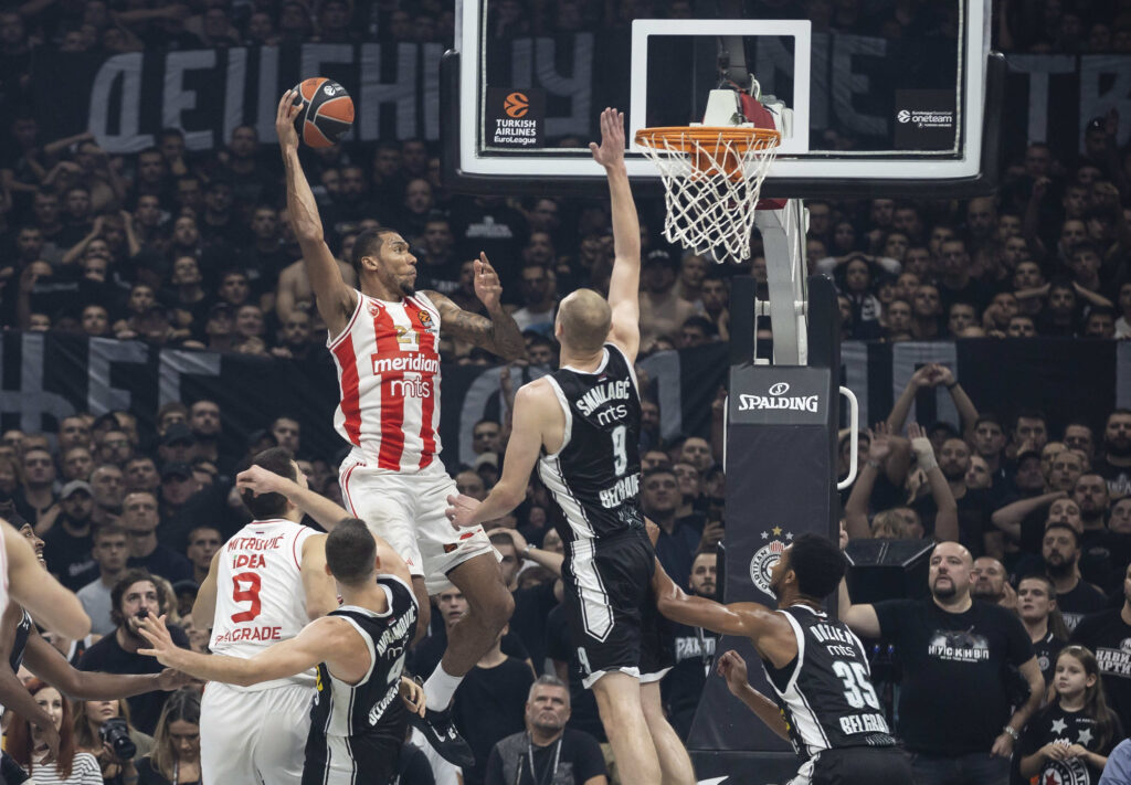 during the 2023/2024 Turkish Airlines EuroLeague match between Partizan Mozzart Bet Belgrade v Crvena Zvezda at Stark Arena on October 26, 2023 in Belgrade, Serbia. (Photo by Srdjan Stevanovic/Starsport.rs ©)