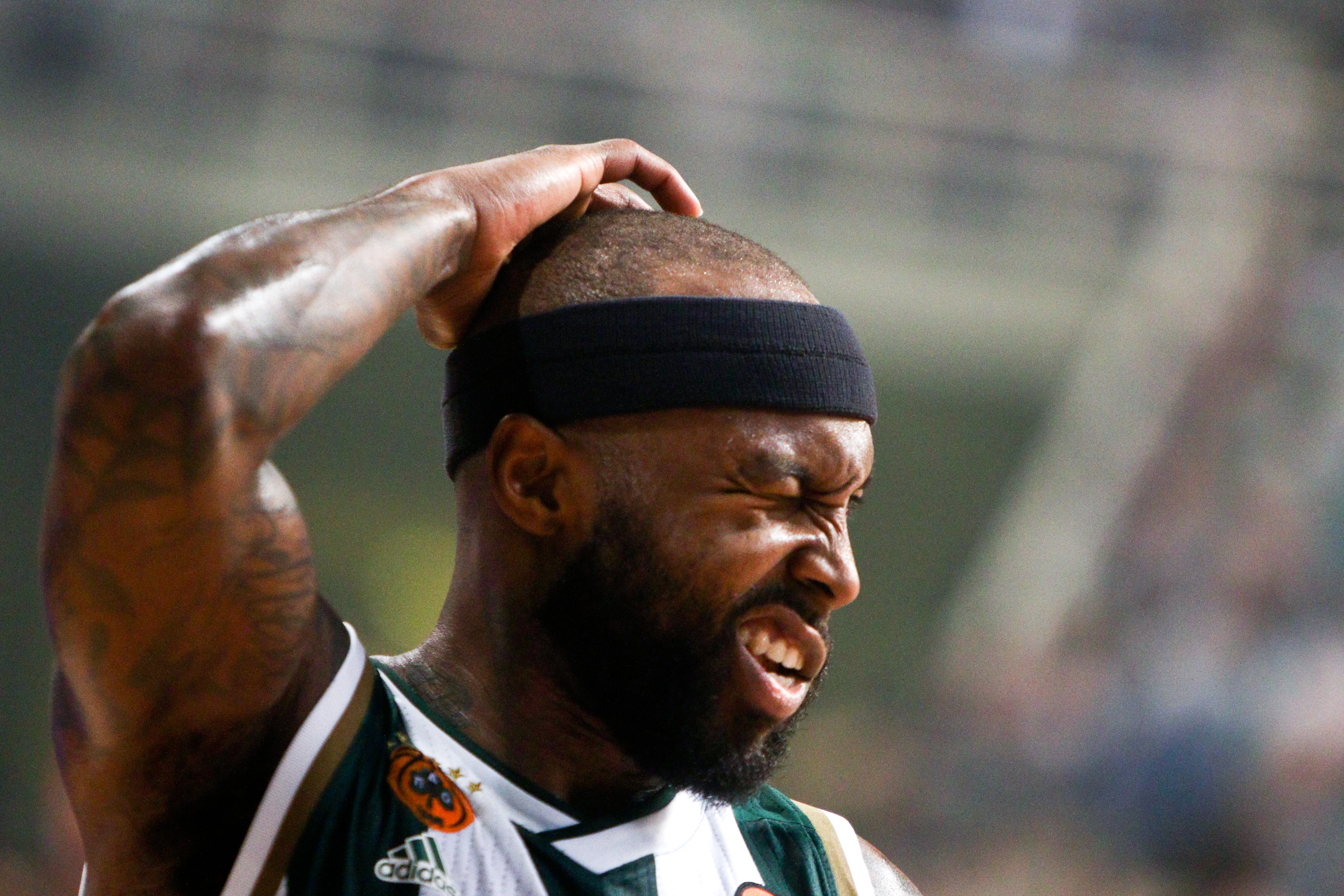 epa08050325 Tyrese Rice of Panathinaikos reacts during the Euroleague basketball match Panathinaikos vs Olympiacos at OAKA Stadium in Athens, Greece, 06 December 2019.  EPA-EFE/Georgia Panagopoulou
