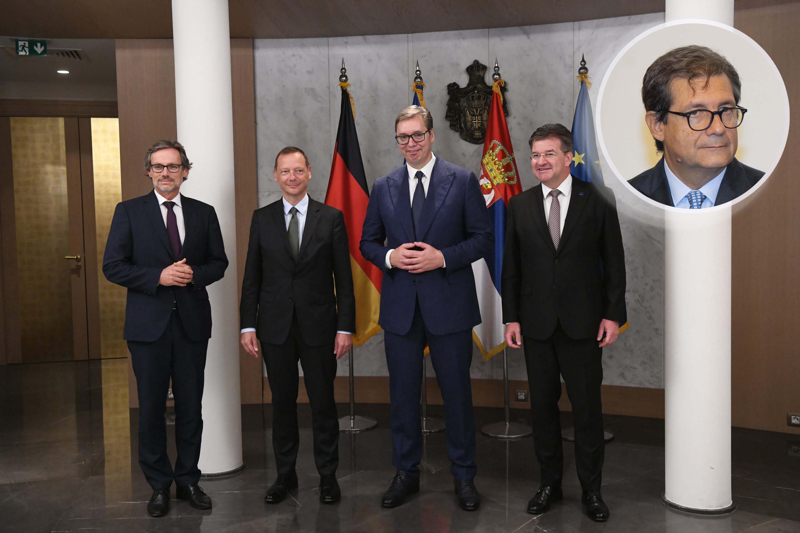 Vučića sa Lajčakom, Emanuelom Bonom, Jensom Pletnerom i Gabrijelom Eskobarom, a u kružiću Frančeska Talea (Francesco Talo