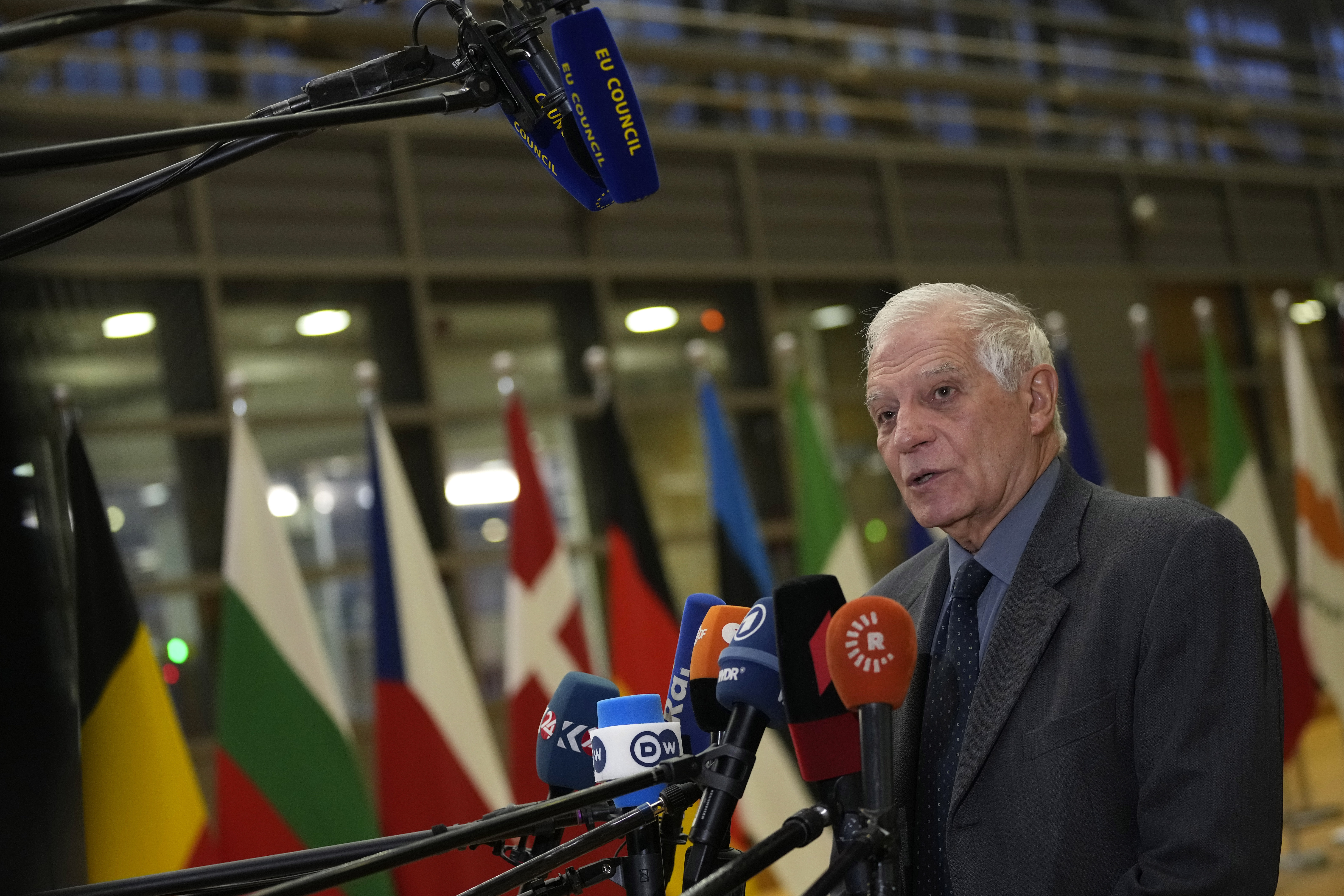 European Union foreign policy chief Josep Borrell speaks with the media as he arrives for a meeting of EU foreign ministers at the European Council building in Brussels on Monday, Jan. 23, 2023. (AP Photo/Virginia Mayo)