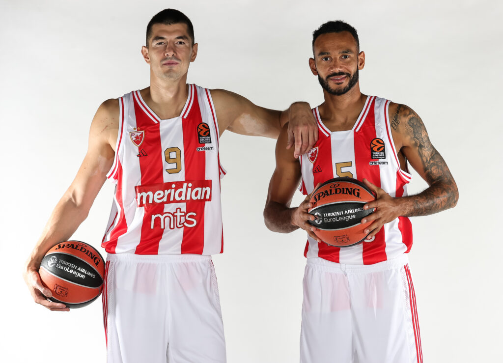 Luka Mitrovic (L) and Adam Hanga during the 2023/2024 Turkish Airlines EuroLeague Media Day at Aleksandar Nikolic Hall on September 26, 2023 in Belgrade, Serbia. (Photo by Srdjan Stevanovic/Starsport.rs ©)