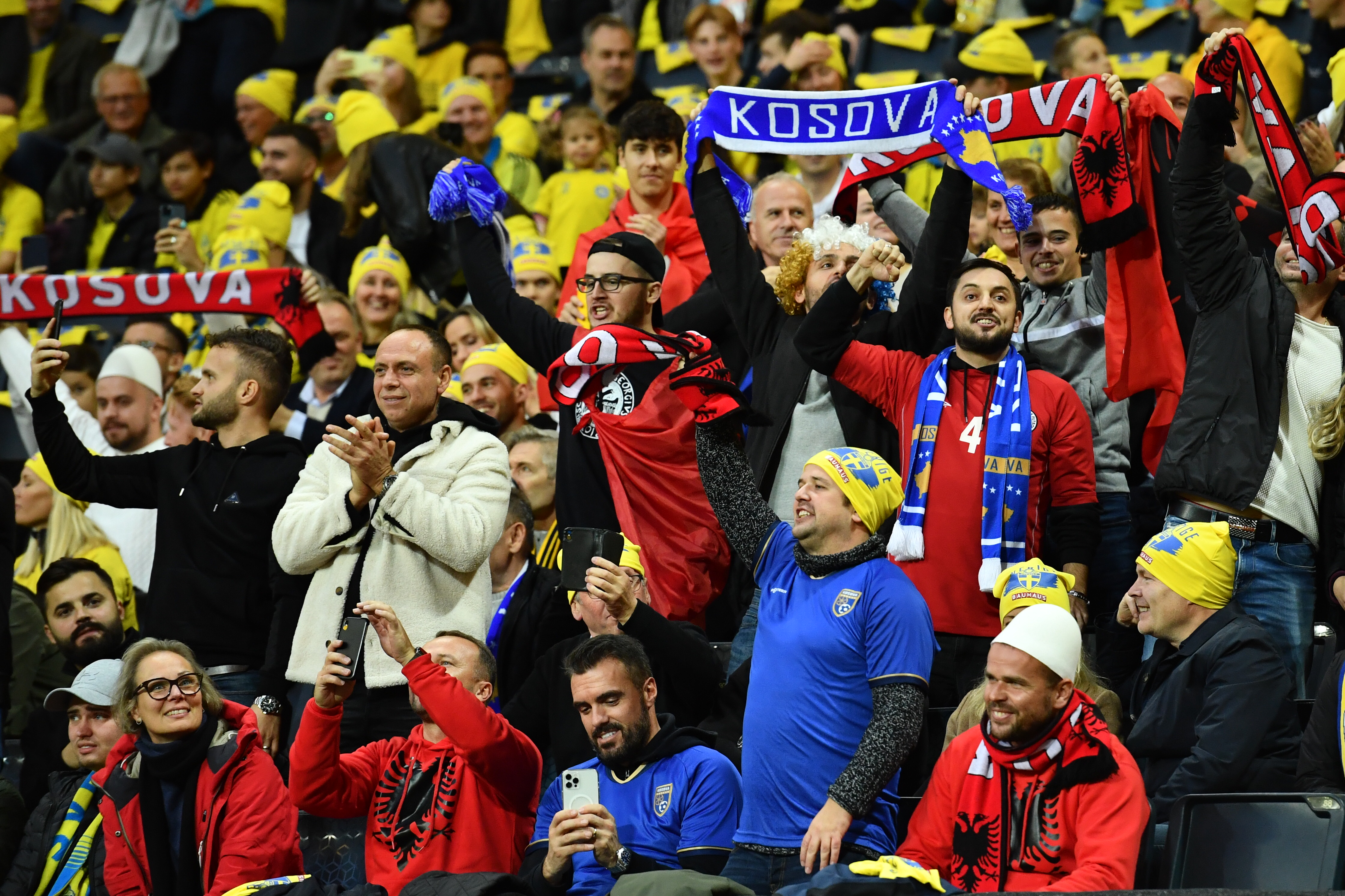 epa09515141 Kosovo fans before the FIFA World Cup 2022 Group B qualifying soccer match between Sweden and Kosovo at Friends Arena in Stockholm, Sweden, 09 October 2021.  EPA-EFE/Erik Simander/TT SWEDEN OUT