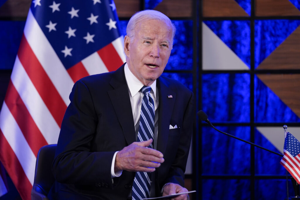 President Joe Biden speaks as he meets with Israeli Prime Minister Benjamin Netanyahu, Wednesday, Oct. 18, 2023, in Tel Aviv. (AP Photo/Evan Vucci)