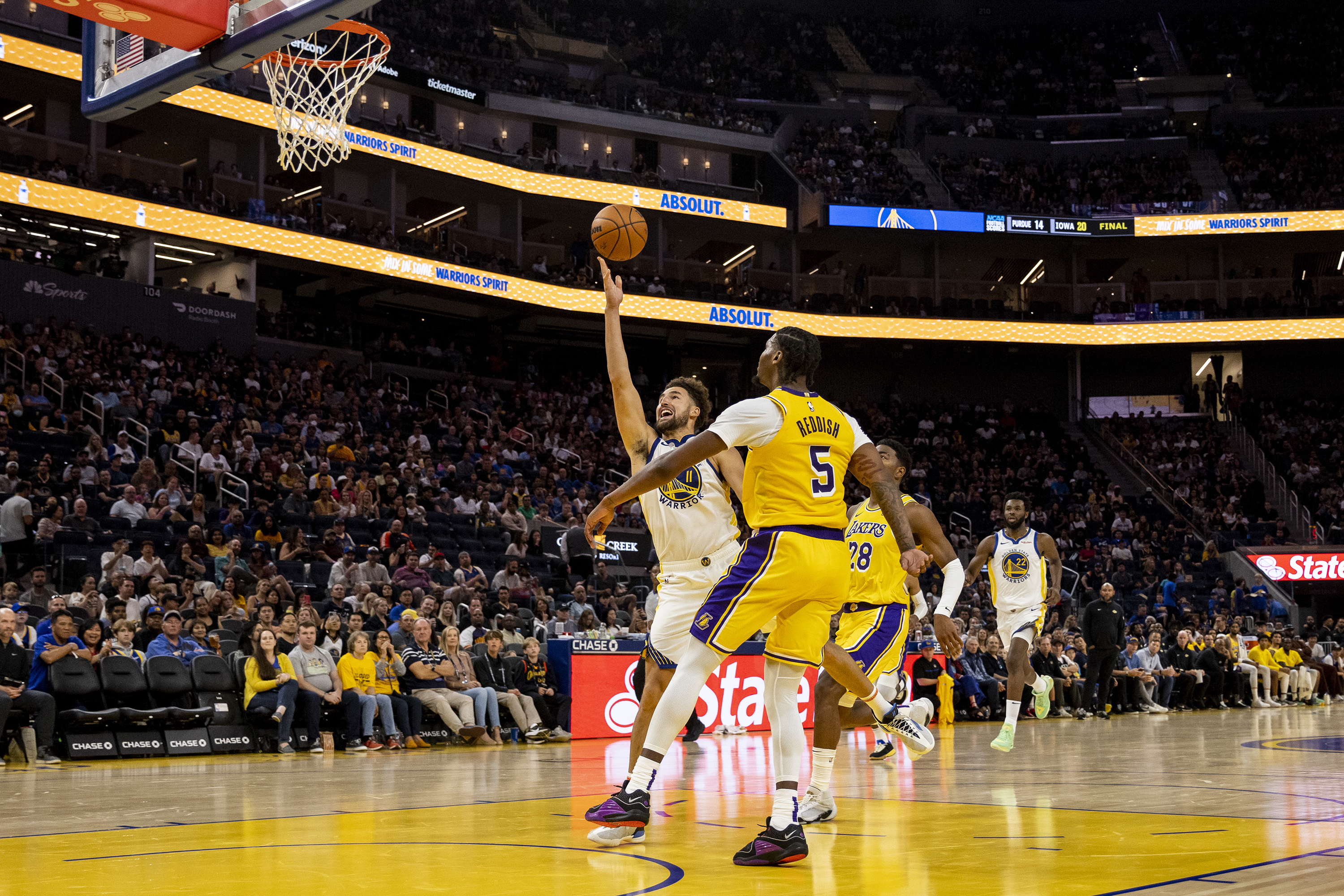Golden State Warriors guard Klay Thompson (11) drives for a layup during the second quarter of an NBA preseason basketball game against the Los Angeles Lakers in San Francisco, Saturday, Oct. 7, 2023. (Stephen Lam/San Francisco Chronicle via AP)