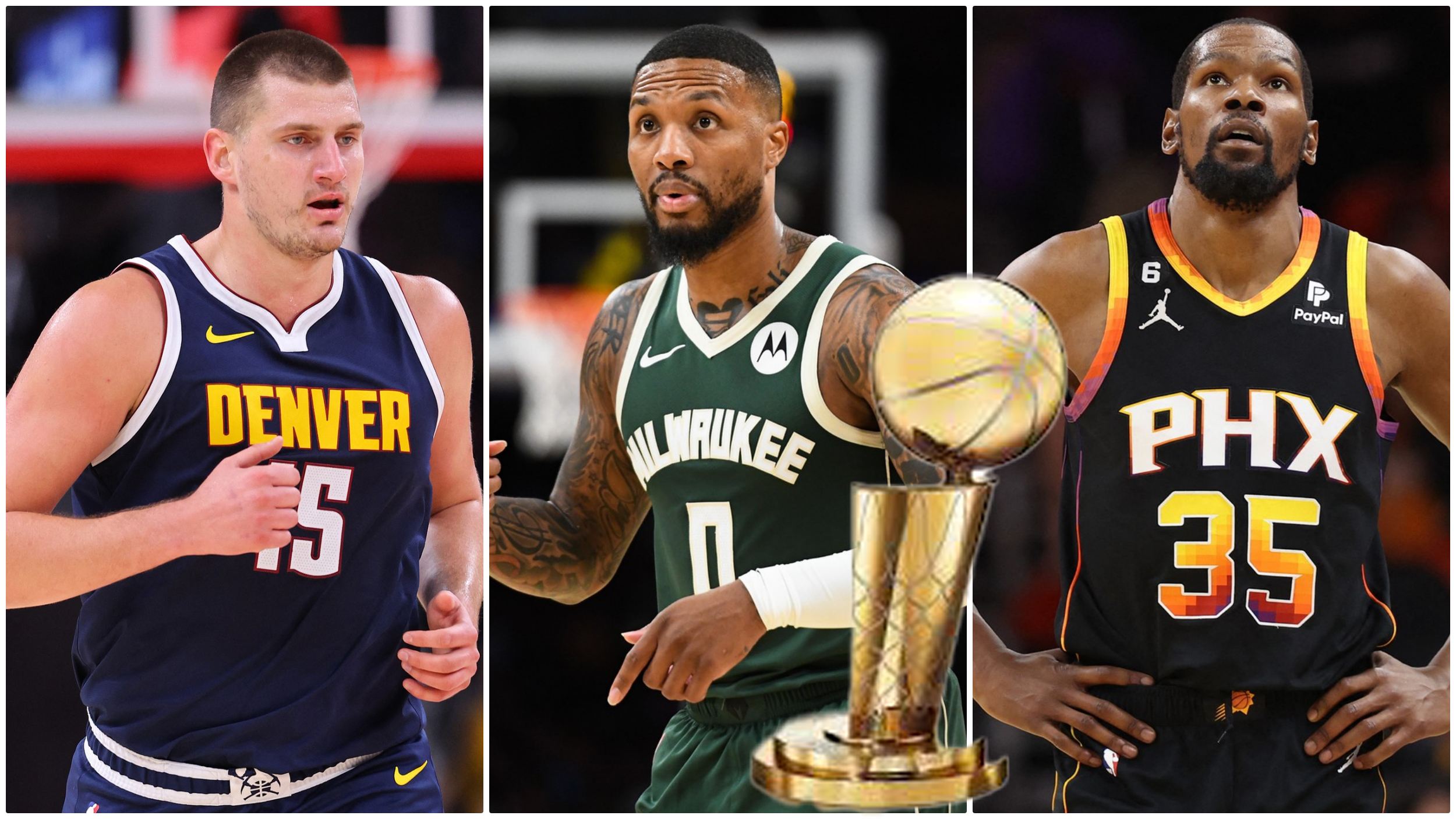 kombo Nikole Jokića u dresu Denvera, Damian Lillard u dresu Milvoki Baksa i Kevin Durant u dresu Finiks Sansa, a da između njih bude NBA trofej.