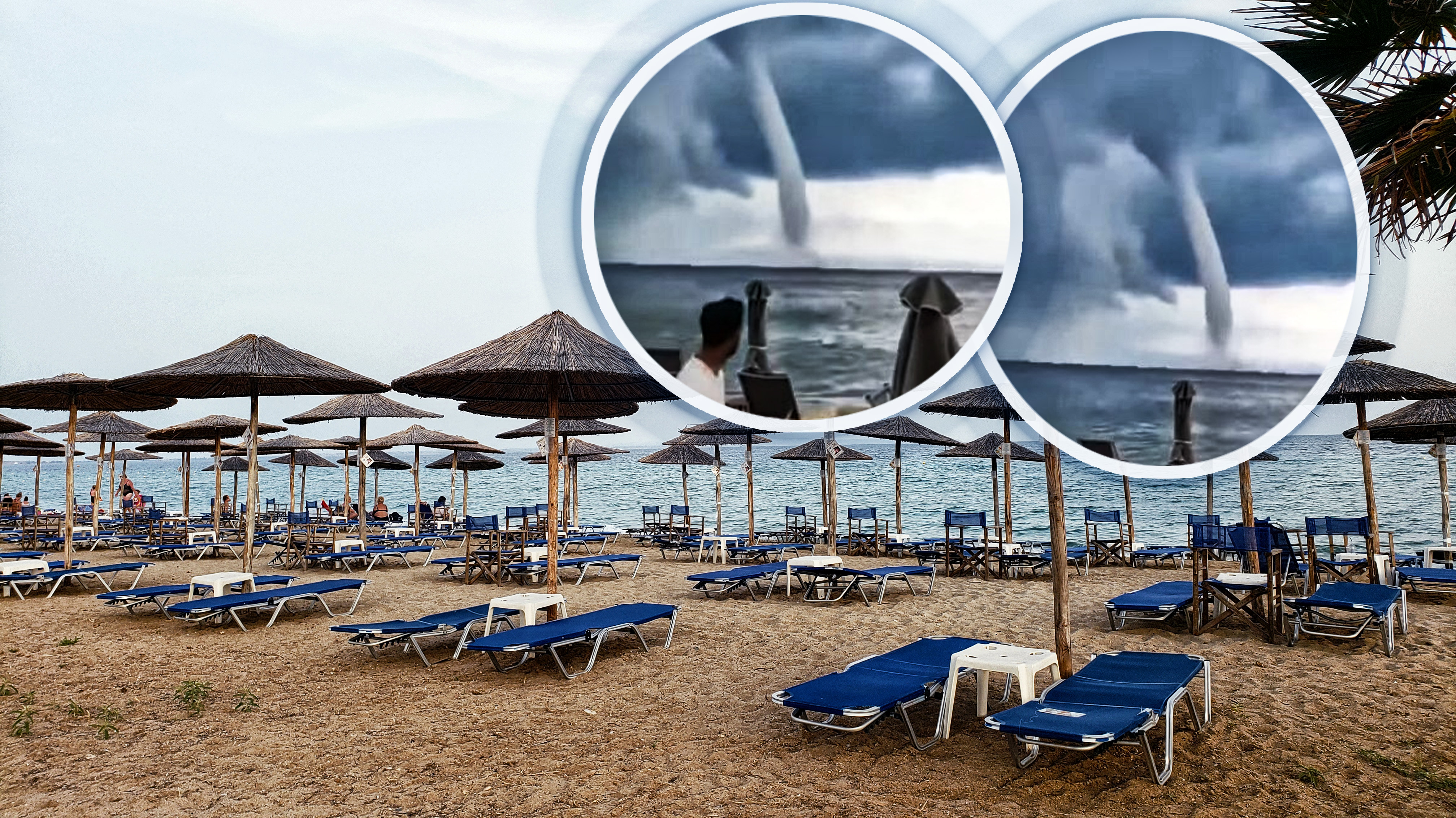 Nea Plagia, Chalkidiki beach by sunset. Northern Greece beaches with sundecks and sun umbrellas.