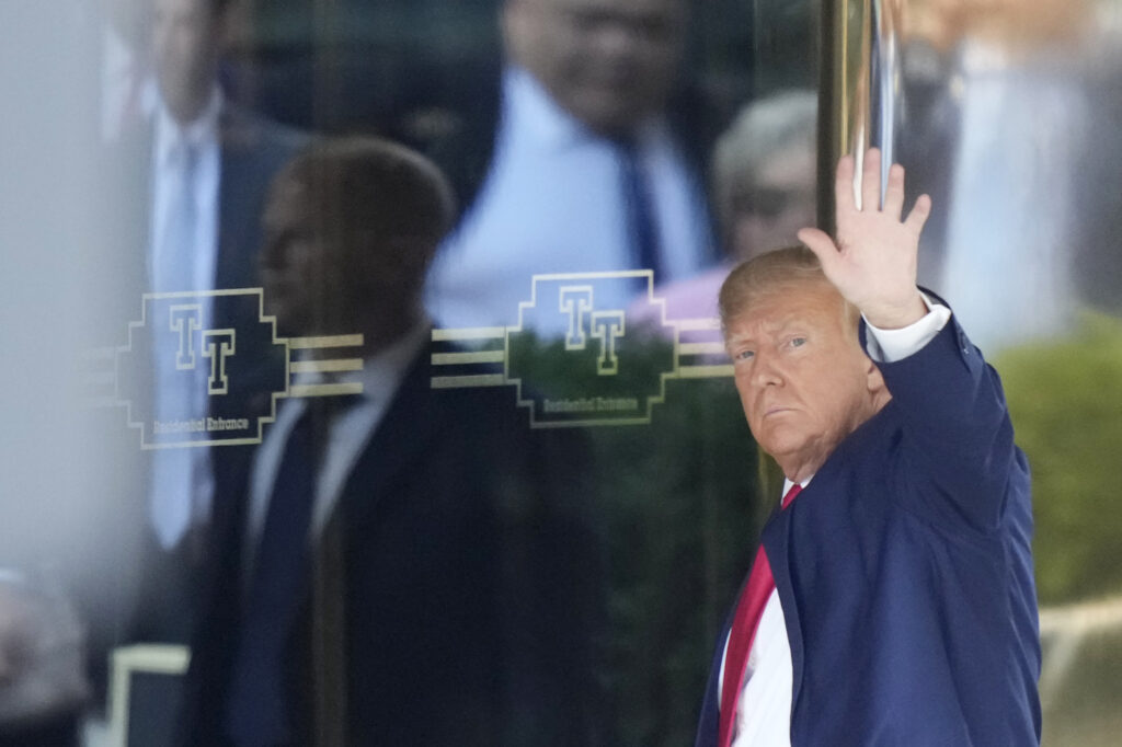 Former president Donald Trump arrives at Trump Tower in New York on Monday, April 3, 2023. Trump is expected to be booked and arraigned on Tuesday on charges arising from hush money payments during his 2016 campaign. (AP Photo/Bryan Woolston)