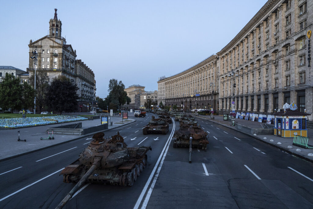 Destroyed Russian tanks are seen installed on Khreschatyk street during Independence Day in downtown of Kyiv, Ukraine, Thursday, Aug. 24, 2023. (AP Photo/Evgeniy Maloletka)