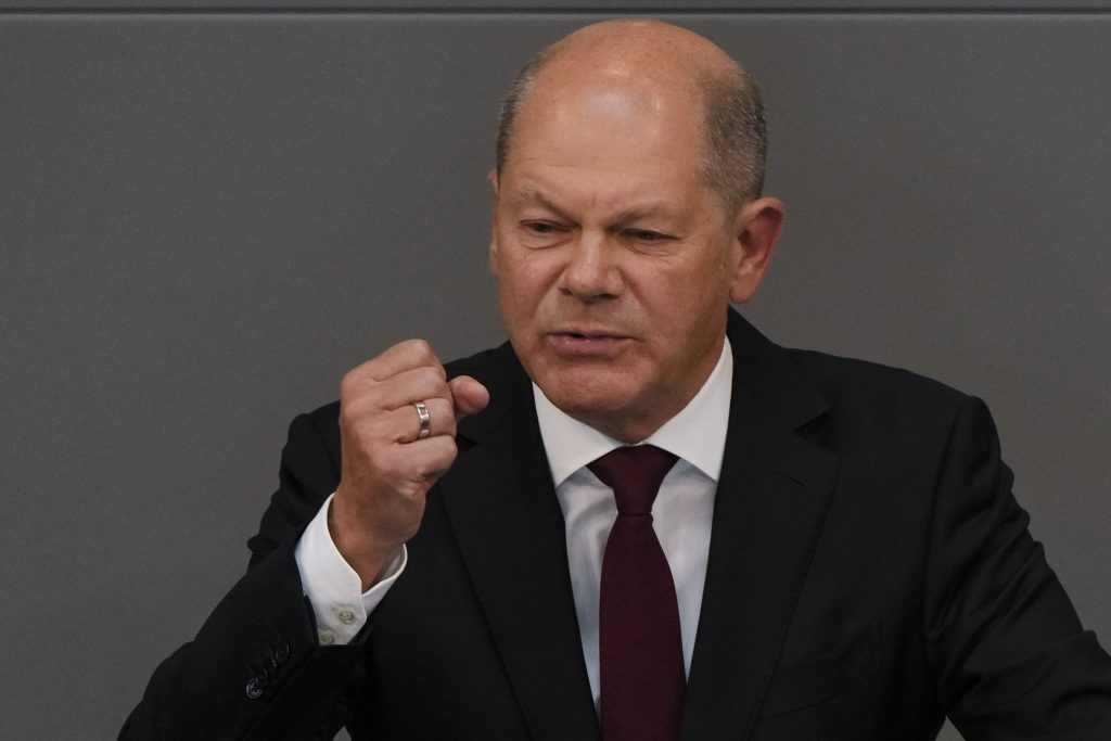 German Chancellor Olaf Scholz delivers his speech about his governments policy as part of the budget 2023 debate at the German parliament Bundestag in Berlin, Germany, Wednesday, Sept. 7, 2022. (AP Photo/Markus Schreiber)