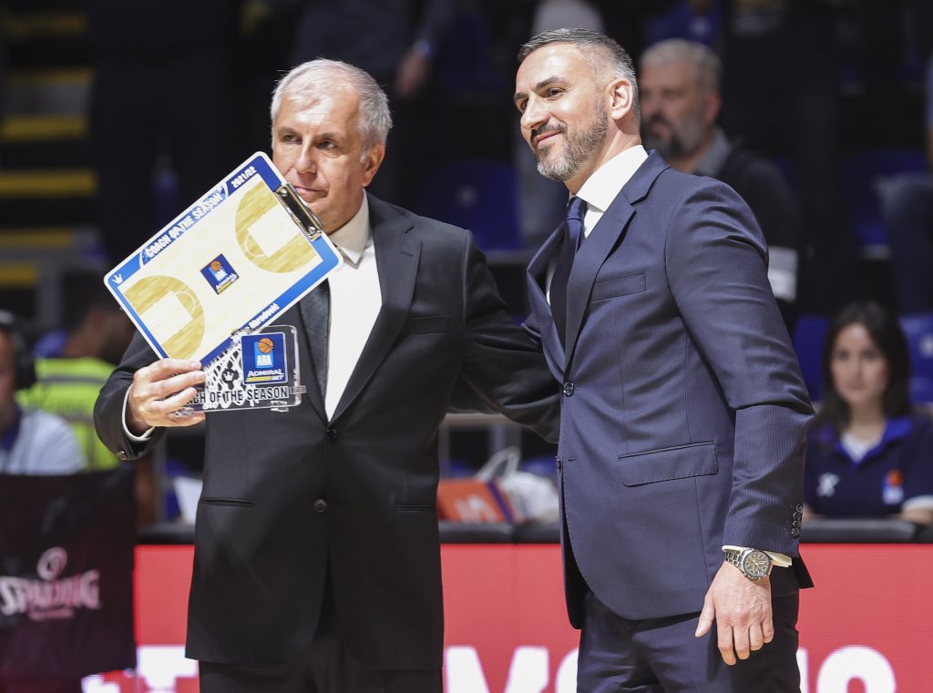 Head coach Zeljko Obradovic and Milija Vojinovic
Partizan v Buducnost-Aba League Play Off Semi-Finals Season 2021-2022
Beograd, 10.05.2022.
foto: Srdjan Stevanovic/Starsport.rs ©
