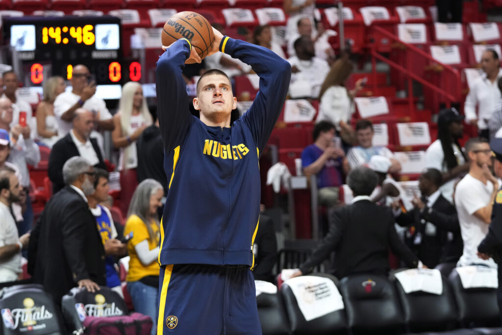 Denver Nuggets center Nikola Jokic warms up before Game 4 of the basketball NBA Finals, Friday against the Miami Heat, June 9, 2023, in Miami. (AP Photo/Wilfredo Lee)