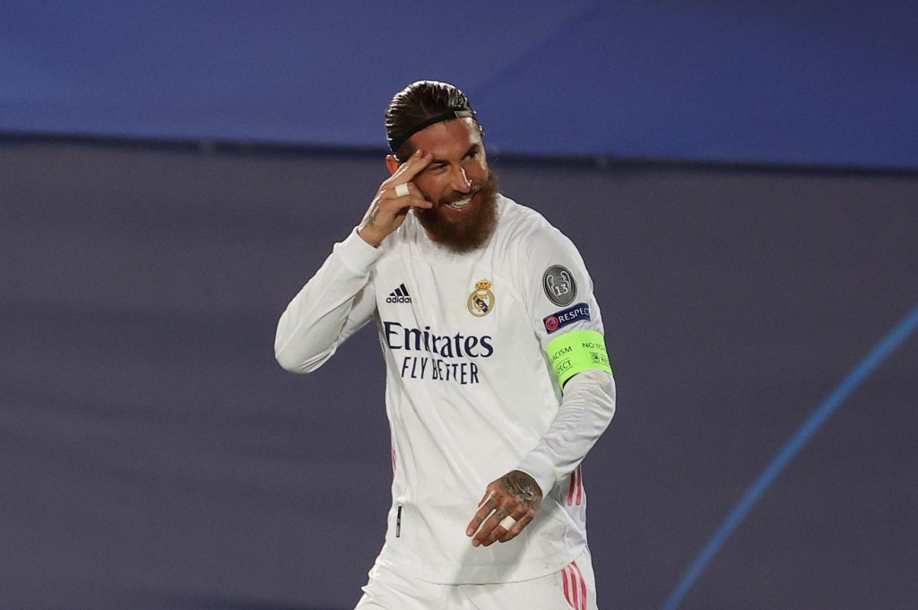 epa08796597 Madrid's defender Sergio Ramos celebrates after scoring the 2-0 during the UEFA Champions League group B match between Real Madrid and FC Internazionale at Alfredo Di Stefano stadium in Madrid, Spain, 03 November 2020.  EPA-EFE/JuanJo Martin