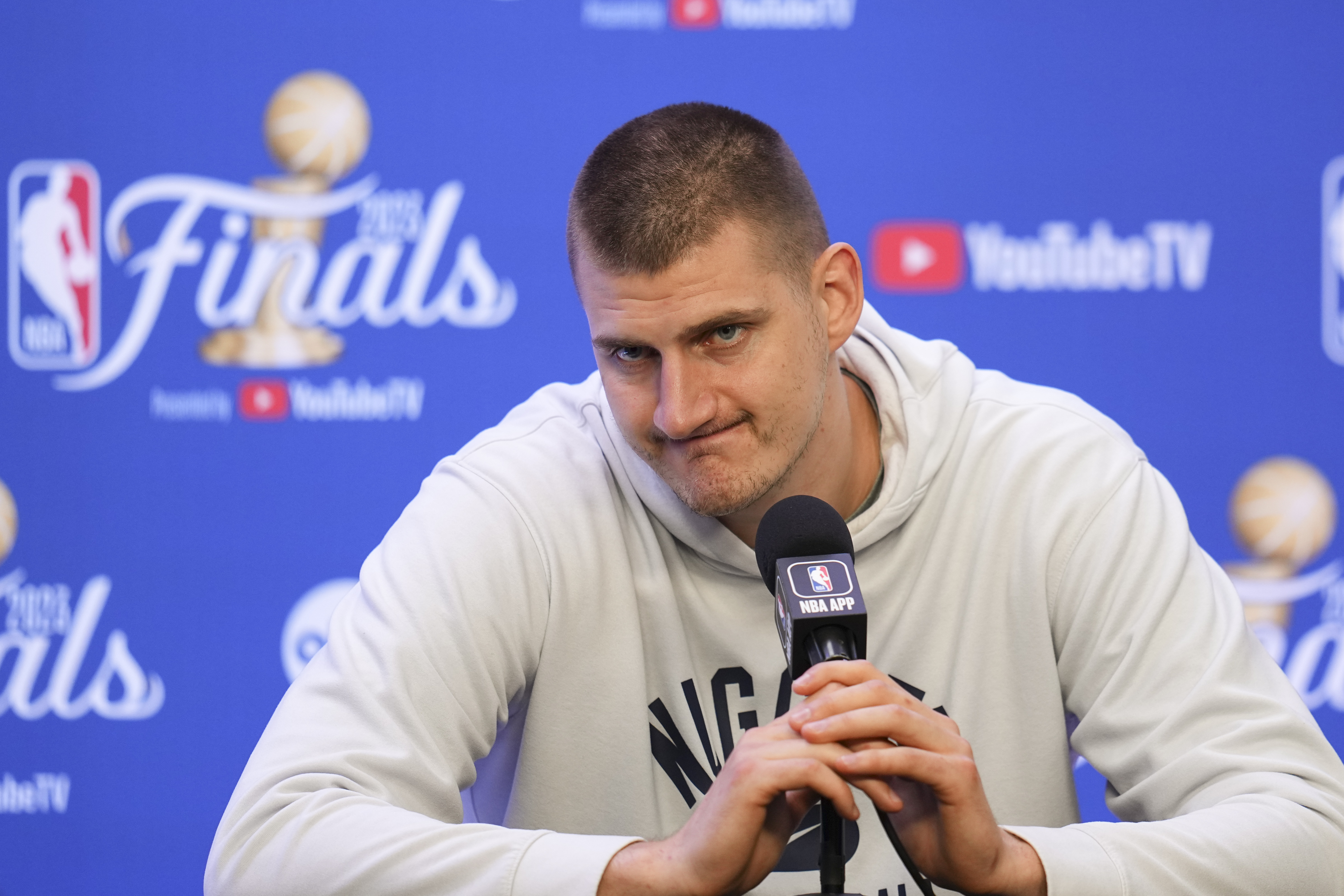 Denver Nuggets center Nikola Jokic speaks during a news conference, Sunday, June 11, 2023, in Denver. The Nuggets take on the Miami Heat in Game 5 of the NBA Finals on Monday. (AP Photo/Jack Dempsey)