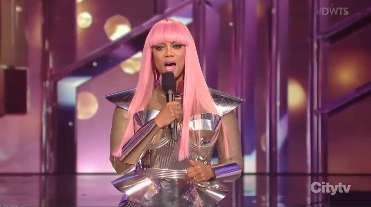 Tyra Banks pays tribute to Jennifer Lopez and her infamous Versace dress and Nicki Minaj during Dancing With The Stars' Icons Night