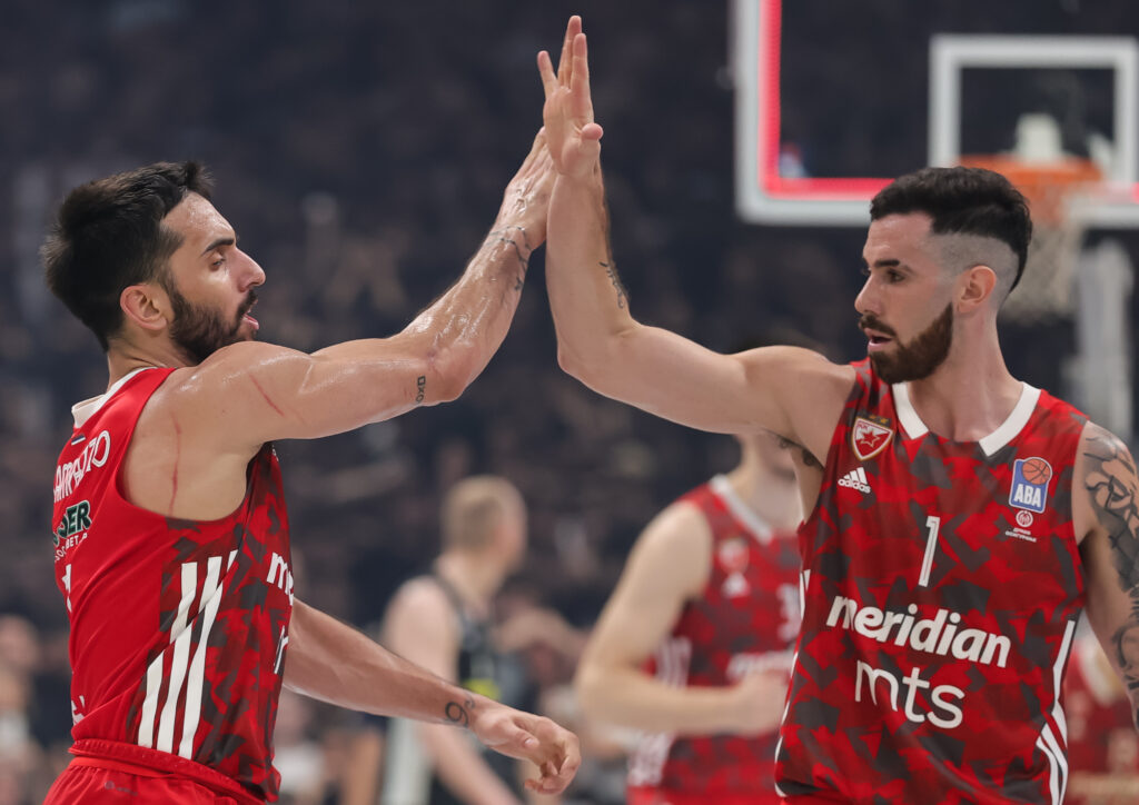 Facundo Campazzo (L) and Luca Vildoza during the Aba League Season 2022-2023 Play Off Final Game 5 between Partizan and Crvena Zvezda at Stark Arena on June 22, 2023 in Belgrade, Serbia. (Photo by Srdjan Stevanovic/Starsport.rs ©)