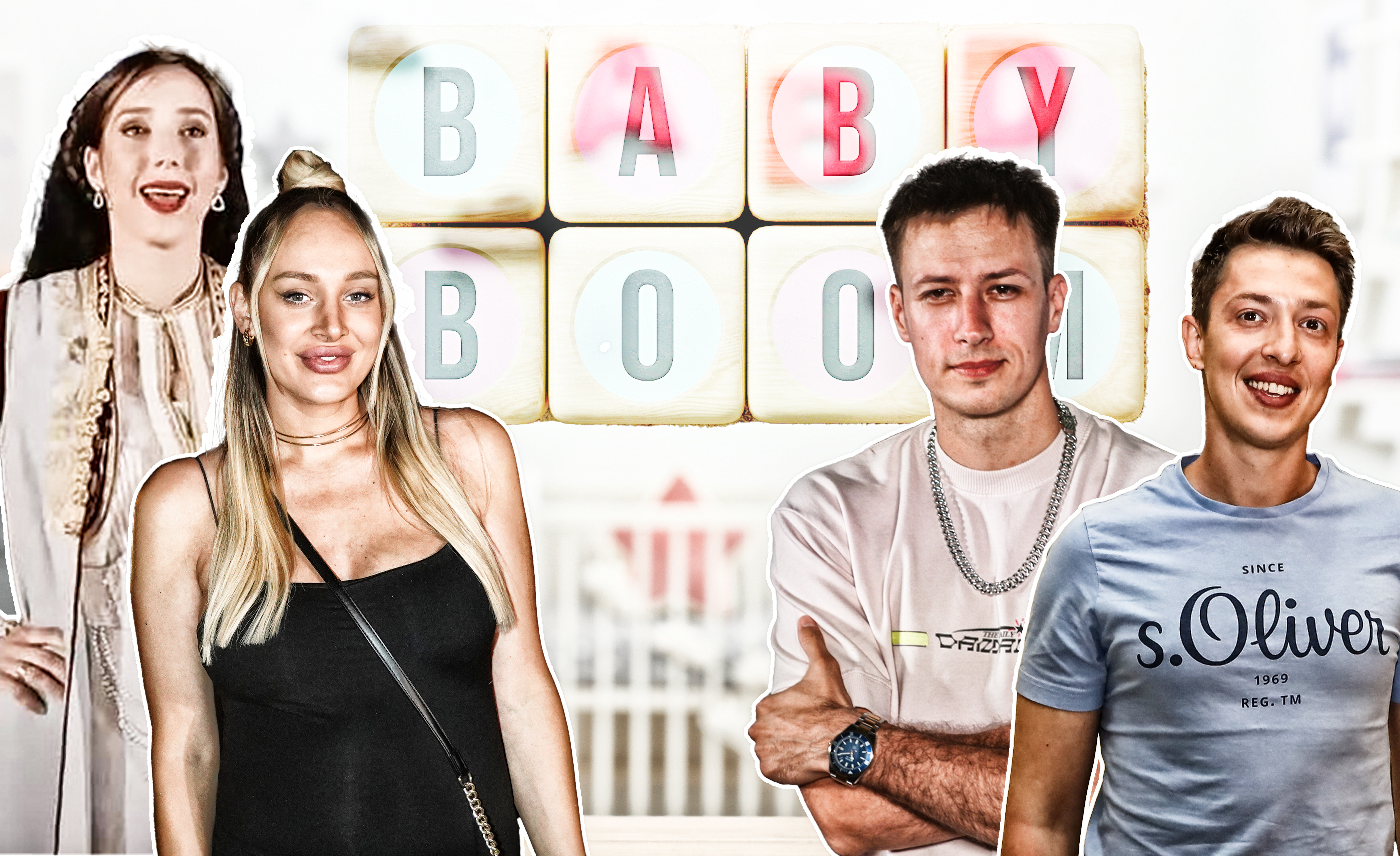 cubes with message BABY BOOM and toys and clothes on cork background bejbi bum ove godine gazda paja, luna djogani, danica crnogorčević, uroš jovčić