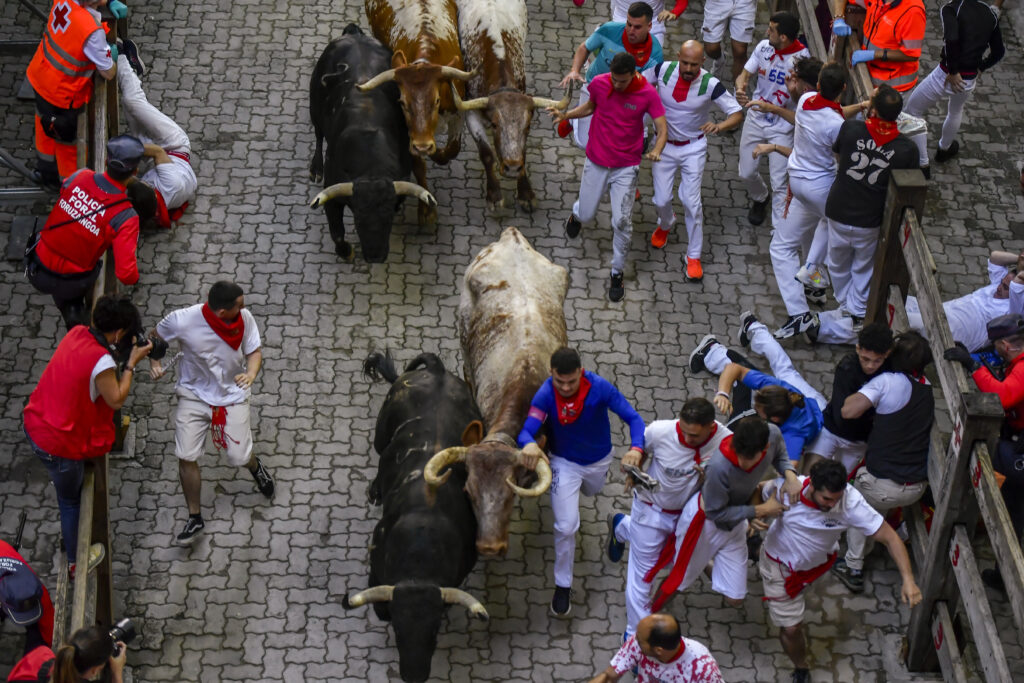 Fuente Ymbro's fighting bulls run among revellers on the fourth day of the running of the bulls during the San Fermin fiestas in Pamplona, Spain, Monday, July 10, 2023. (AP Photo/Alvaro Barrientos)