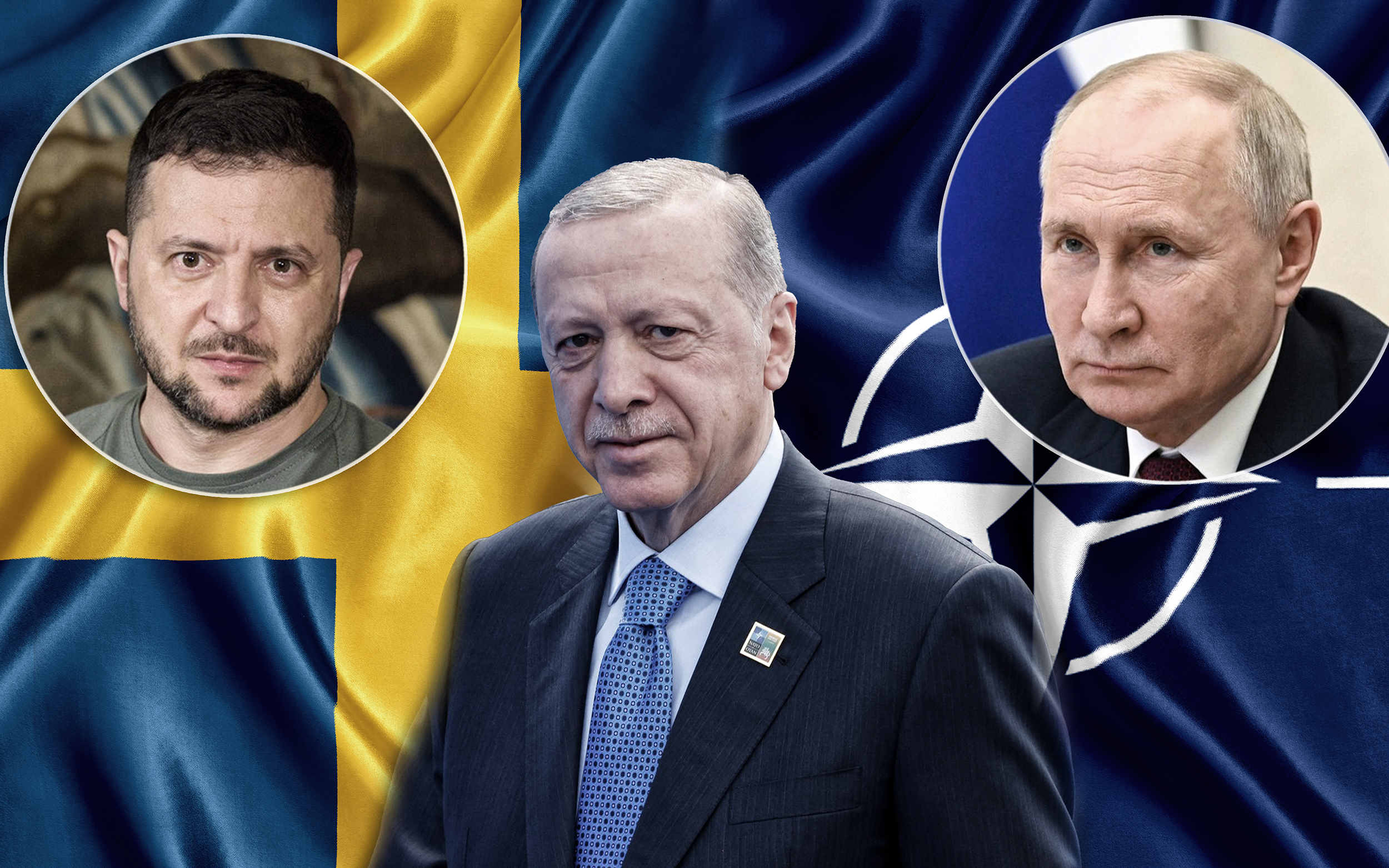 Erdogan, oko njega Putin i Zelenski, i zastave Švedske i NATO