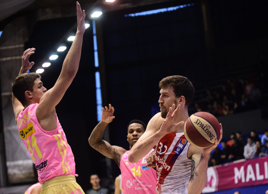 during the 2022/2023 Aba League match between Mega v Crvena Zvezda mts Belgrade at Ranko Zeravica Hall on April 02, 2023 in Belgrade, Serbia. (Photo by Srdjan Stevanovic/Starsport.rs ©)