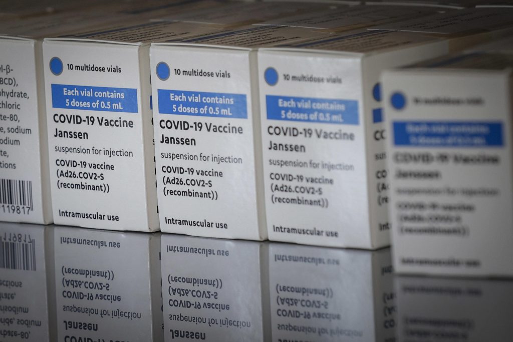 epa09156493 Janssen (Pharmaceutical Companies of Johnson &amp; Johnson) vaccine against Covid-19 at vaccination hub the 'Vela (sail) by Santiago Calatrava' in Tor Vergata discrict, in Rome, Italy, 24 April 2021.  EPA-EFE/GIUSEPPE LAMI