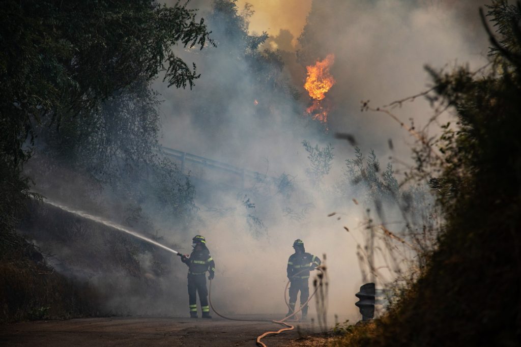 Firefighters try to put down a fire near the city of Massarosa, central Italy, on July 20, 2022.,Image: 708645057, License: Rights-managed, Restrictions: , Model Release: no, Credit line: Federico SCOPPA / AFP / Profimedia
