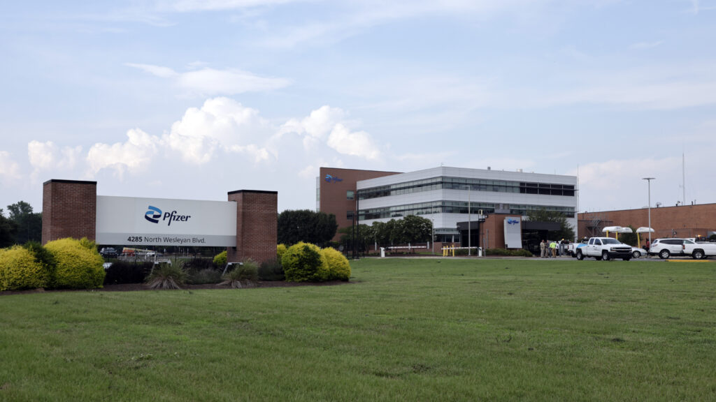 The Pfizer facility is seen on Wednesday, July 19, 2023, following a tornado that heavily damaged a major Pfizer pharmaceutical plant in Rocky Mount, N.C.  (AP Photo/Chris Seward)