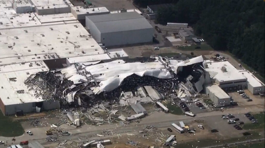 The Pfizer plant is damaged after severe weather passed the area on Wednesday, July 19, 2023 in Rocky Mount, N.C.  (WTVD via AP)