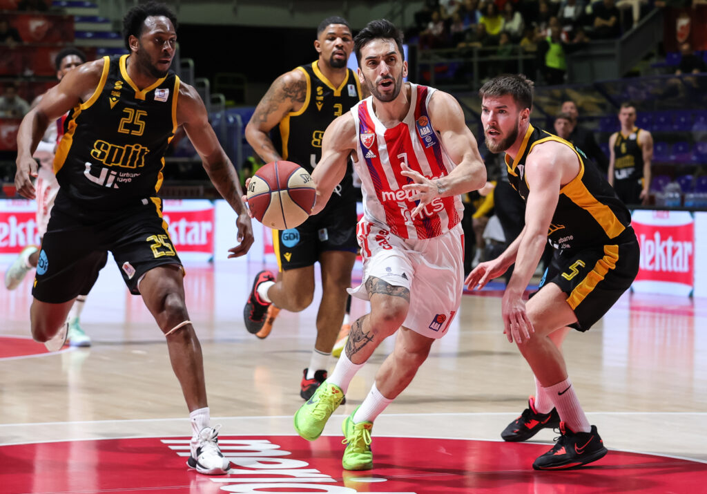 during the Aba League Season 2022-2023 match between Crvena Zvezda and KK Split at Aleksandar Nikolic hall on April 17, 2023 in Belgrade, Serbia. (Photo by Srdjan Stevanovic/Starsport.rs ©)