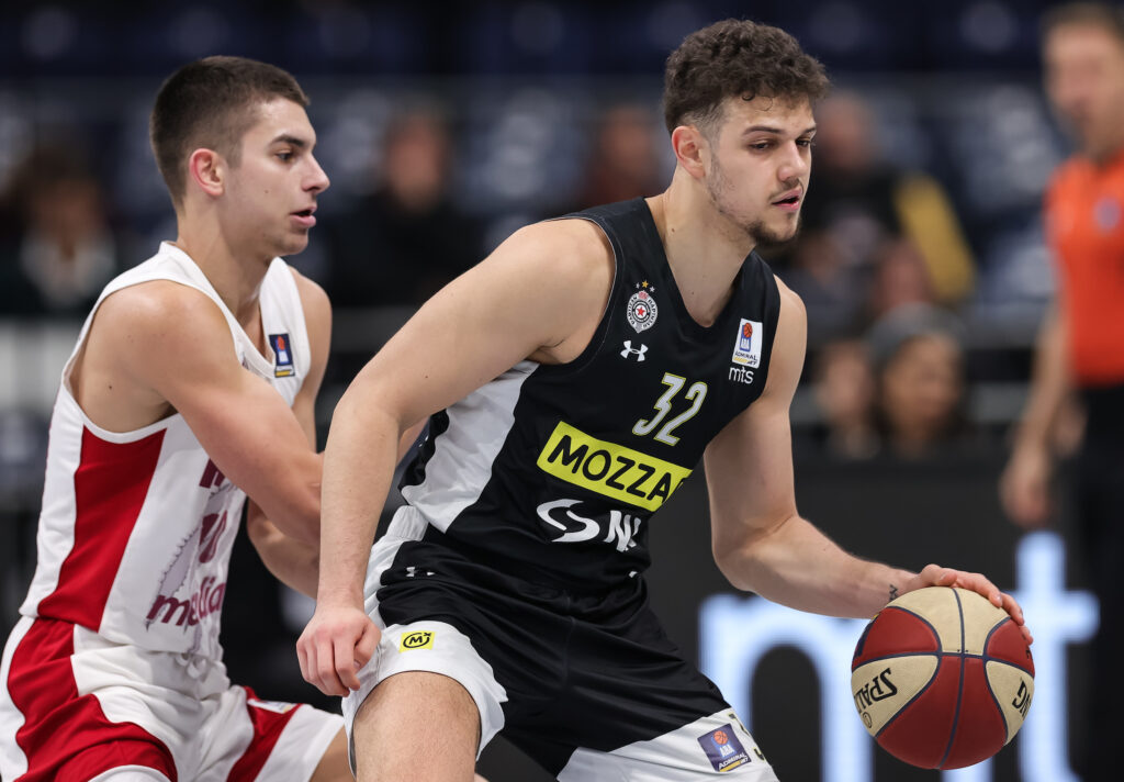 Uros Trifunovic (R) and Nikola Saranovic during the Aba League Season 2022-2023 match between Partizan and FMP Zeleznik at Stark Arena on December 19, 2022 in Belgrade, Serbia. (Photo by Srdjan Stevanovic/Starsport.rs ©)