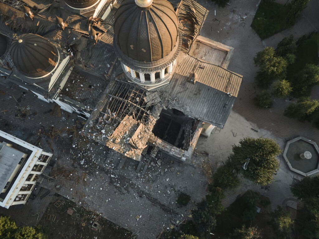 The Odesa Transfiguration Cathedral is seen heavily damaged following Russian missile attacks in Odesa, Ukraine, Sunday, July 23, 2023. (AP Photo/Libkos)